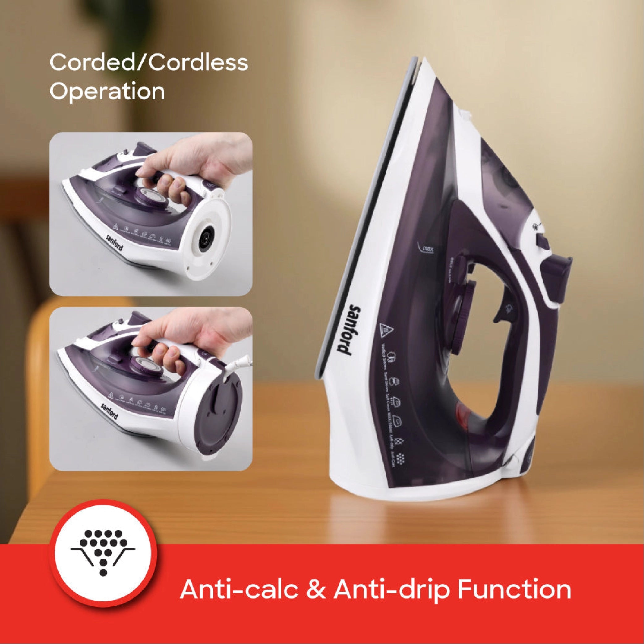 2200W Cordless steam iron ceramic soleplate & 360 degree easy dock system sanford 4