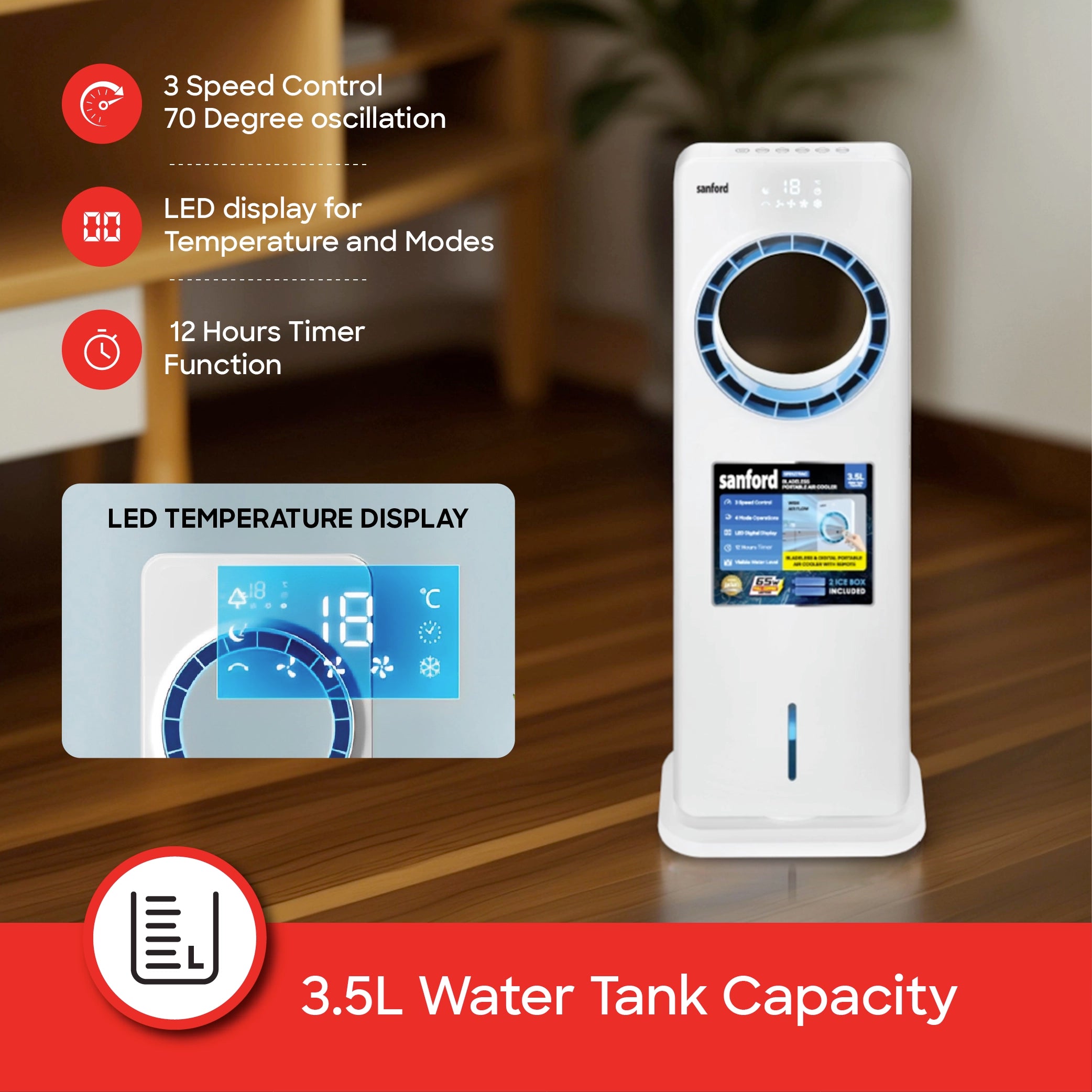 Portable bladeless air cooler 3.5L water tank remote control LED display sanford 3
