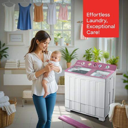 Sanford SF8306WM Twin Tub Washing Machine – lifestyle shot, mother doing laundry with baby