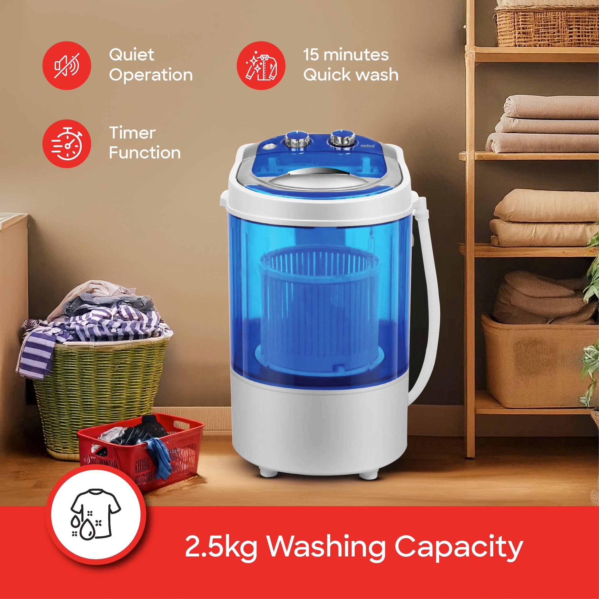 Single tub washing machine 2.5kg with compact design quick wash timer sanford 3
