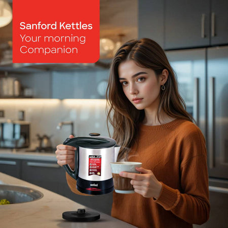 Sanford 1-liter electric kettle showing compact design and cordless base