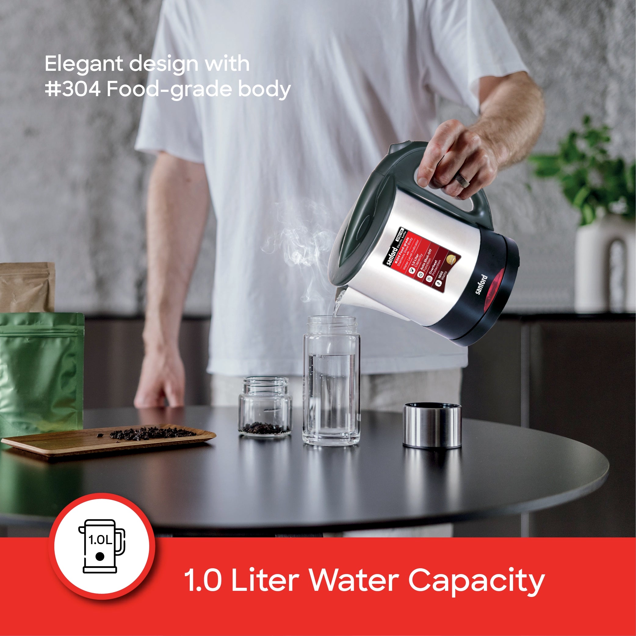 Electric Kettle 1.0L Stainless Steel 1800W Auto Shut Off sanford 4