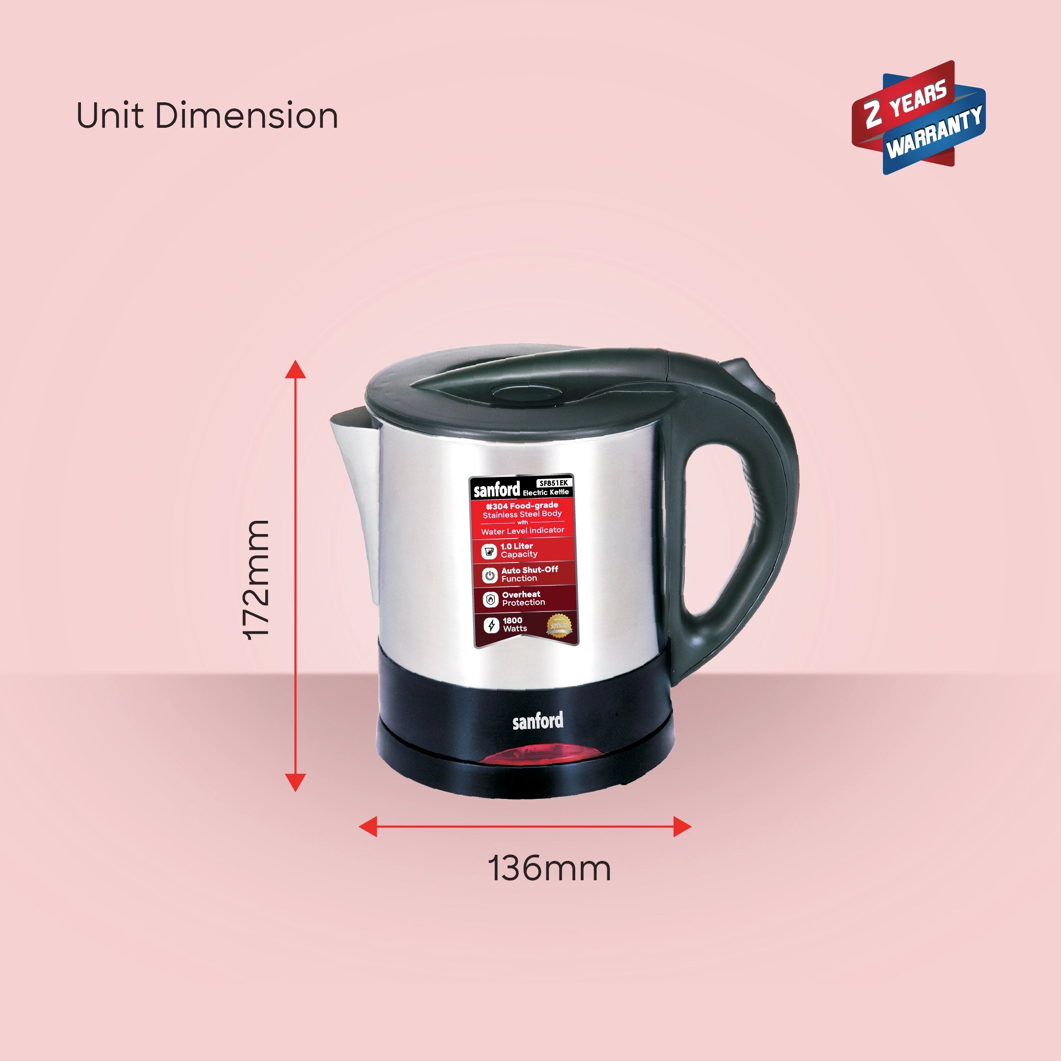 Electric Kettle 1.0L Stainless Steel 1800W Auto Shut Off sanford 7