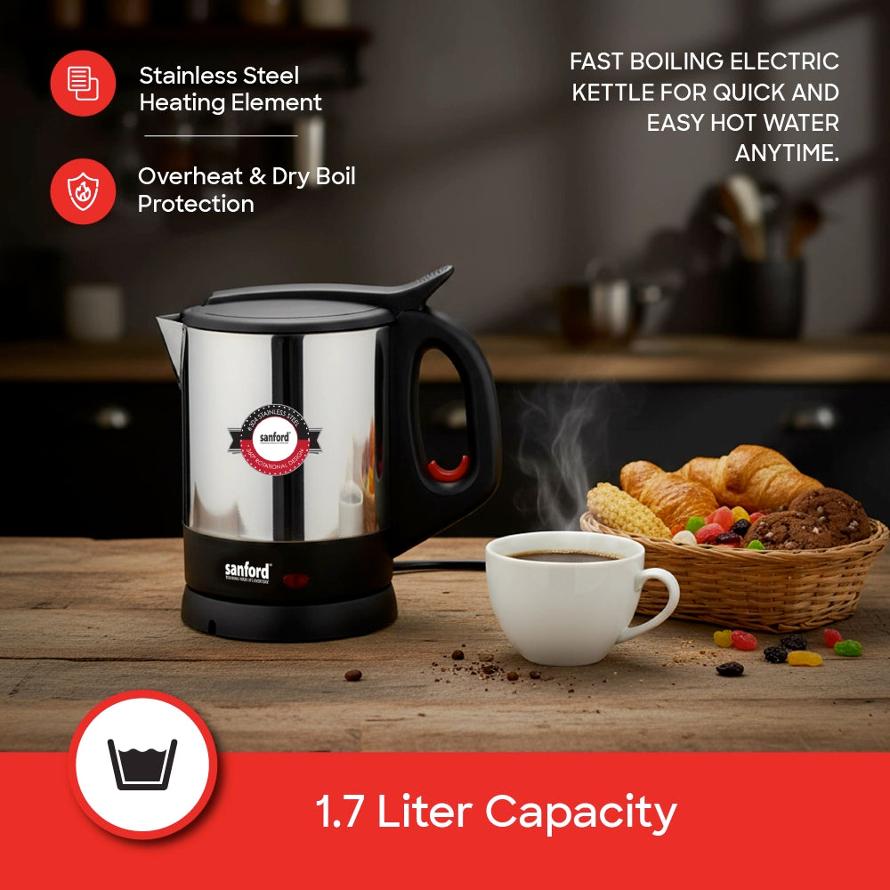 best electric kettle 1.7L 2200W stainless steel 360° cordless sanford 3
