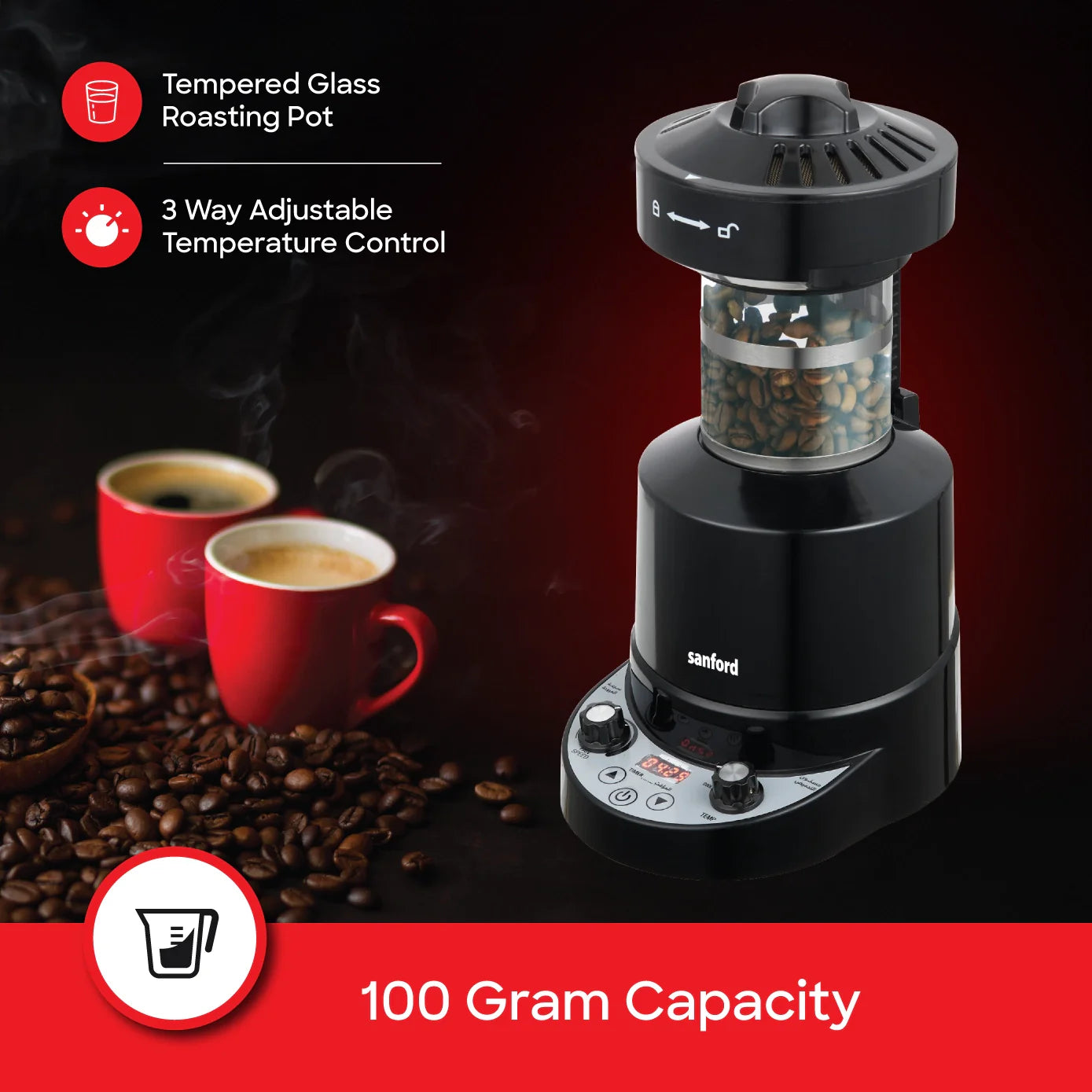 electric coffee roaster air roasting 2100W LED sanford 3