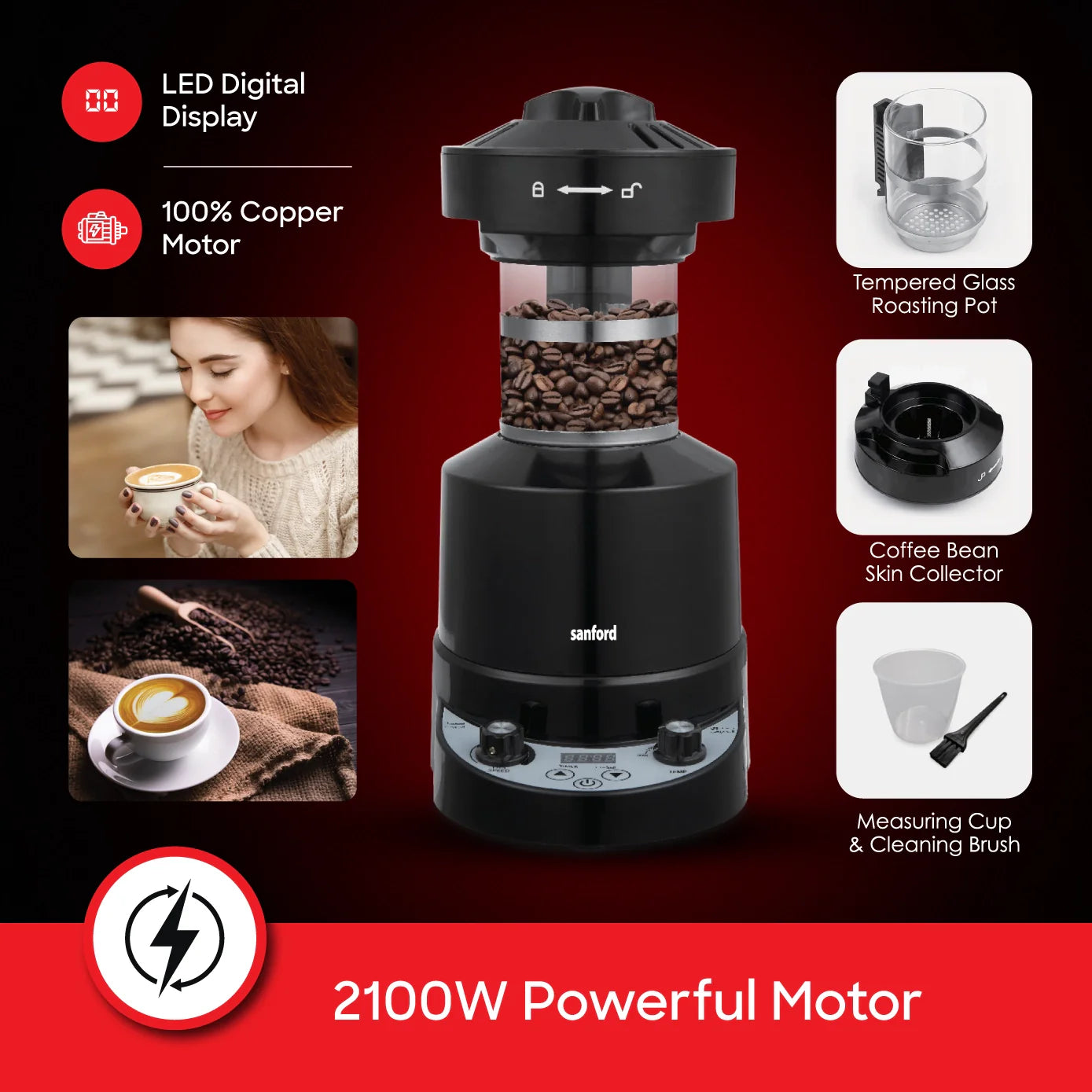 electric coffee roaster air roasting 2100W LED sanford 4