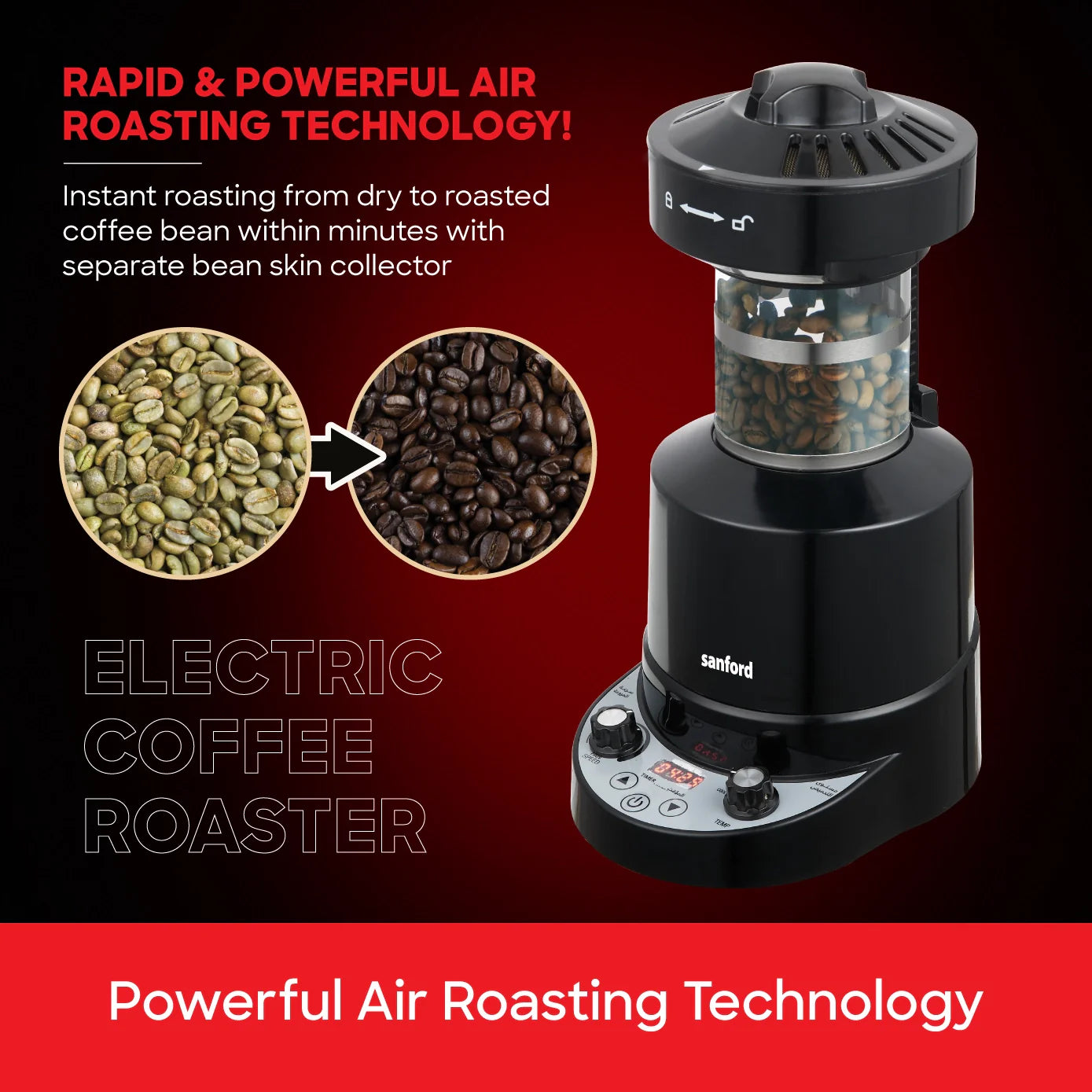 electric coffee roaster air roasting 2100W LED sanford 5