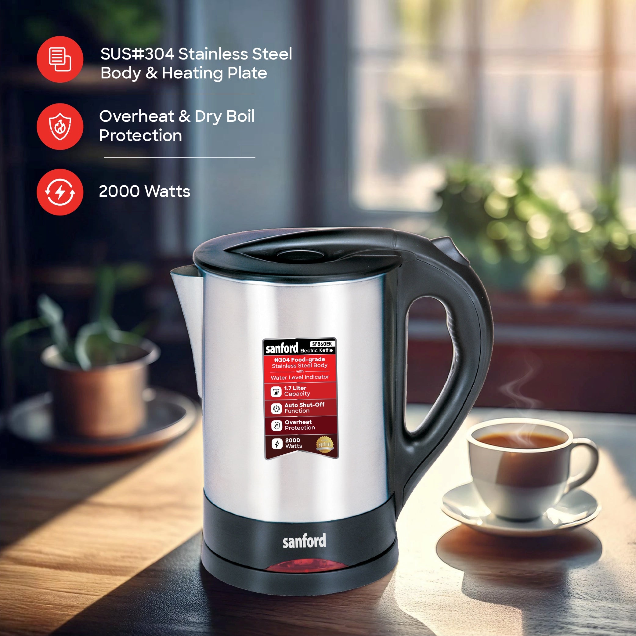 best electric kettle 1.7L stainless steel cordless sanford 3