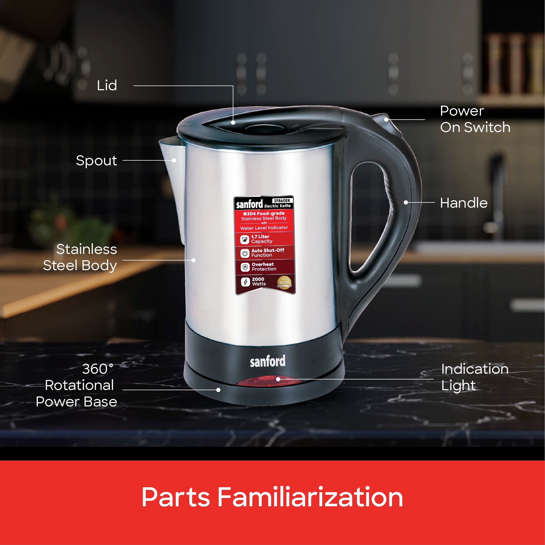 best electric kettle 1.7L stainless steel cordless sanford 6