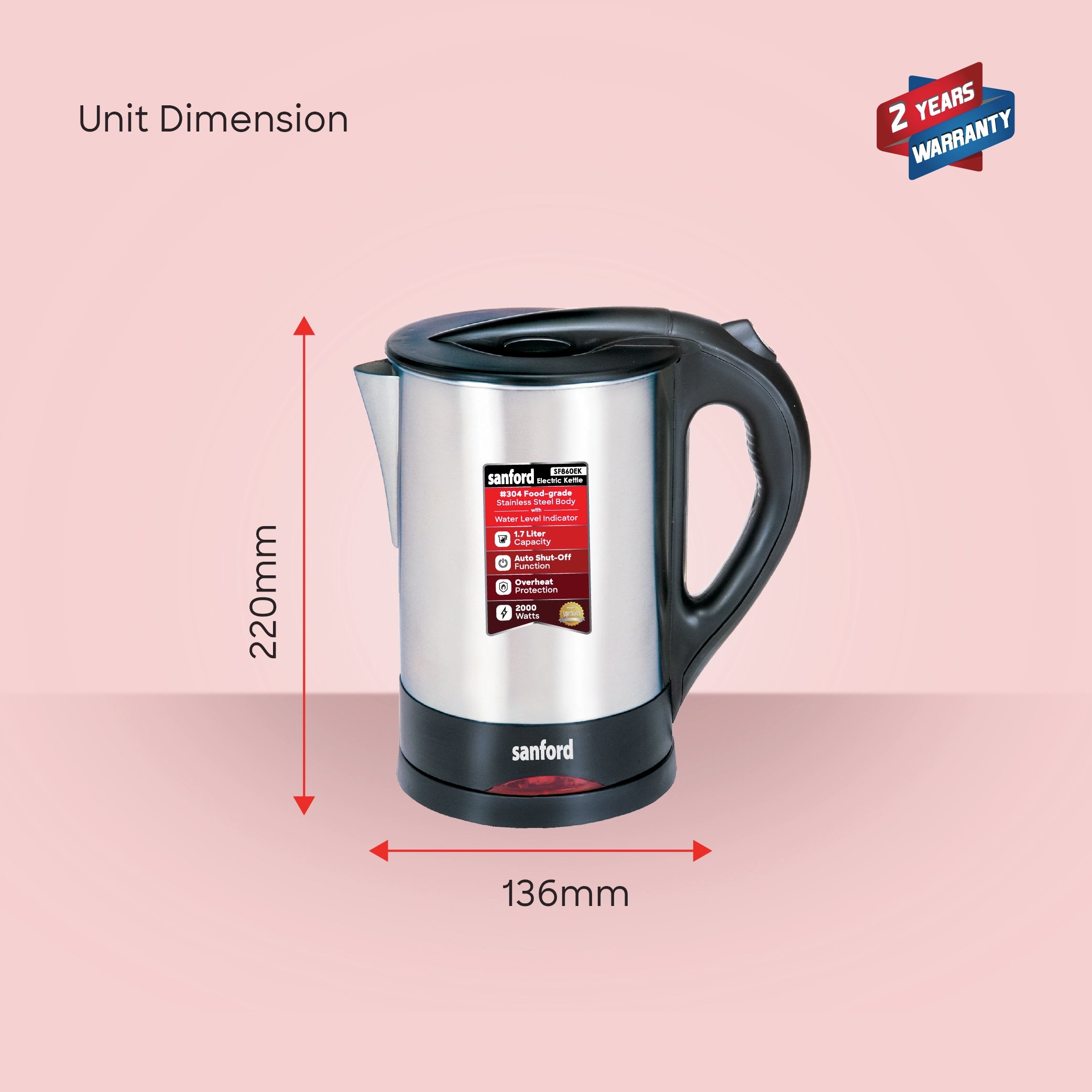 best electric kettle 1.7L stainless steel cordless sanford 7