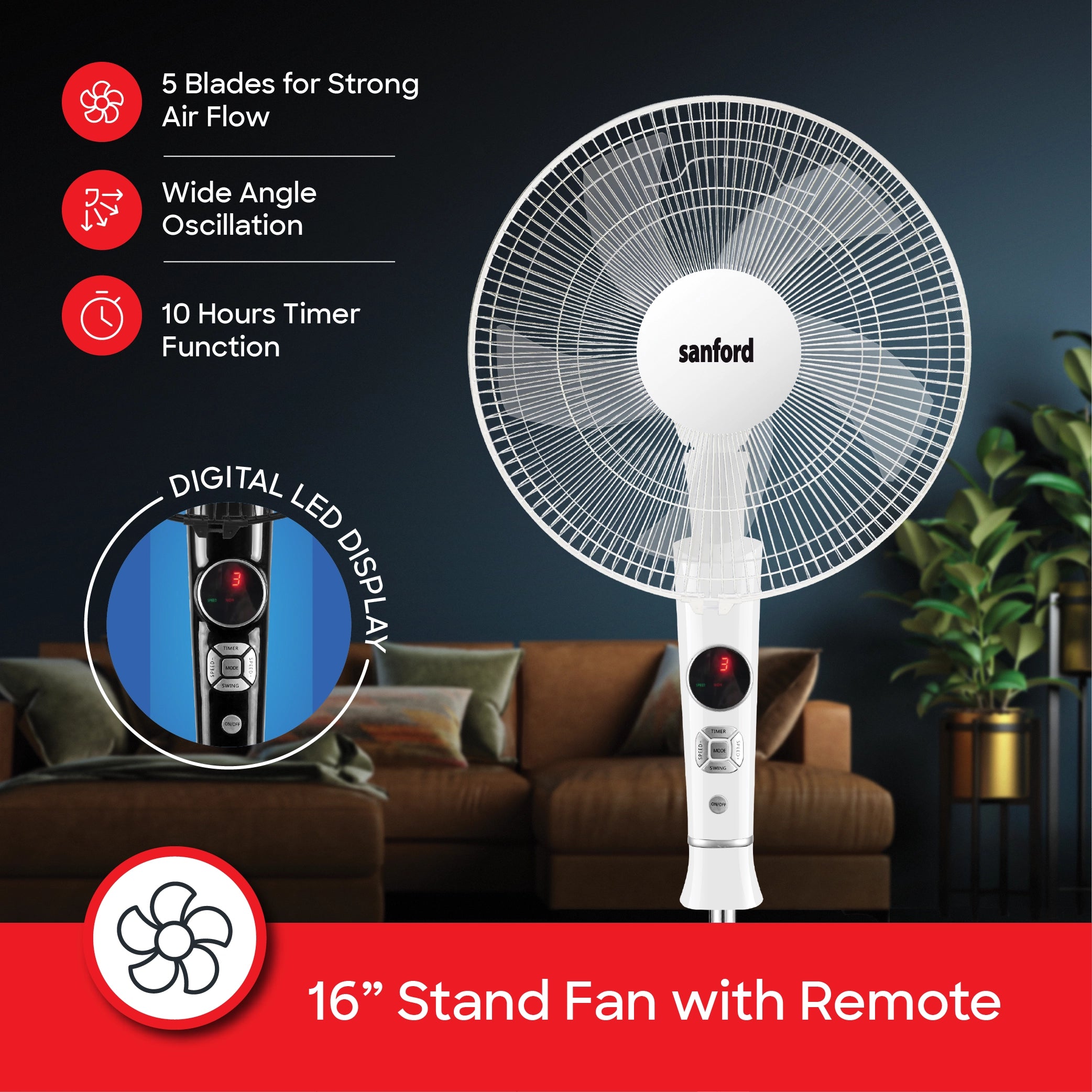 16 inch Stand Fan 5 blade sanford 3