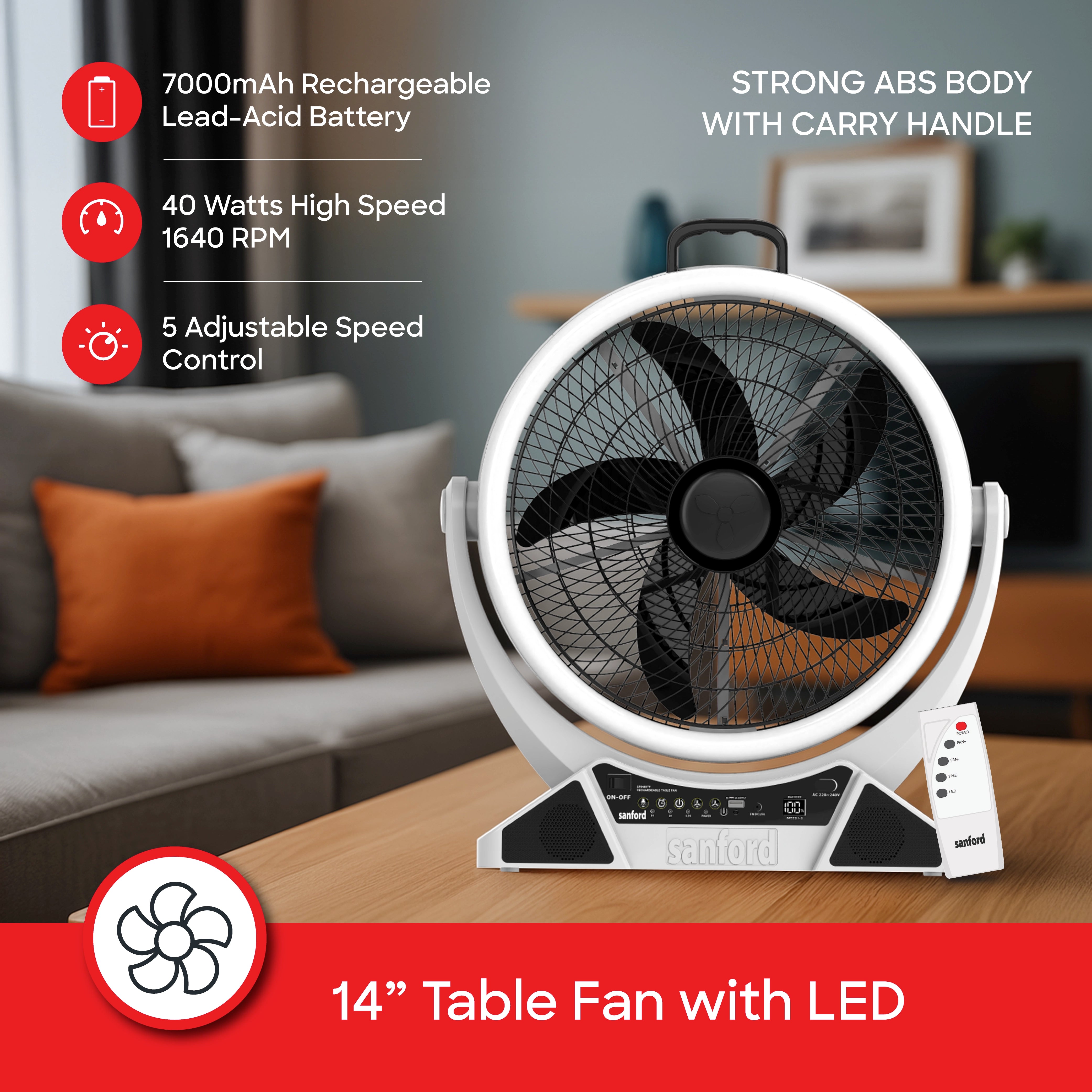 best rechargeable table fan 14 inch LED remote control sanford 3