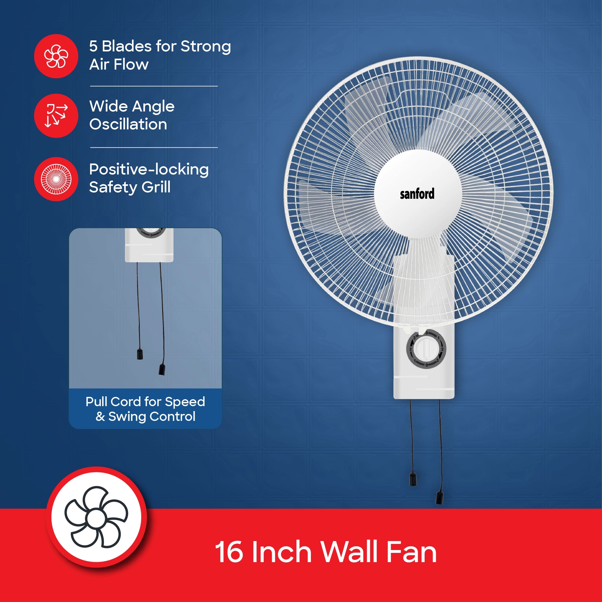Sanford SF932WFN Wall Fan – 16 inch blade size feature callout