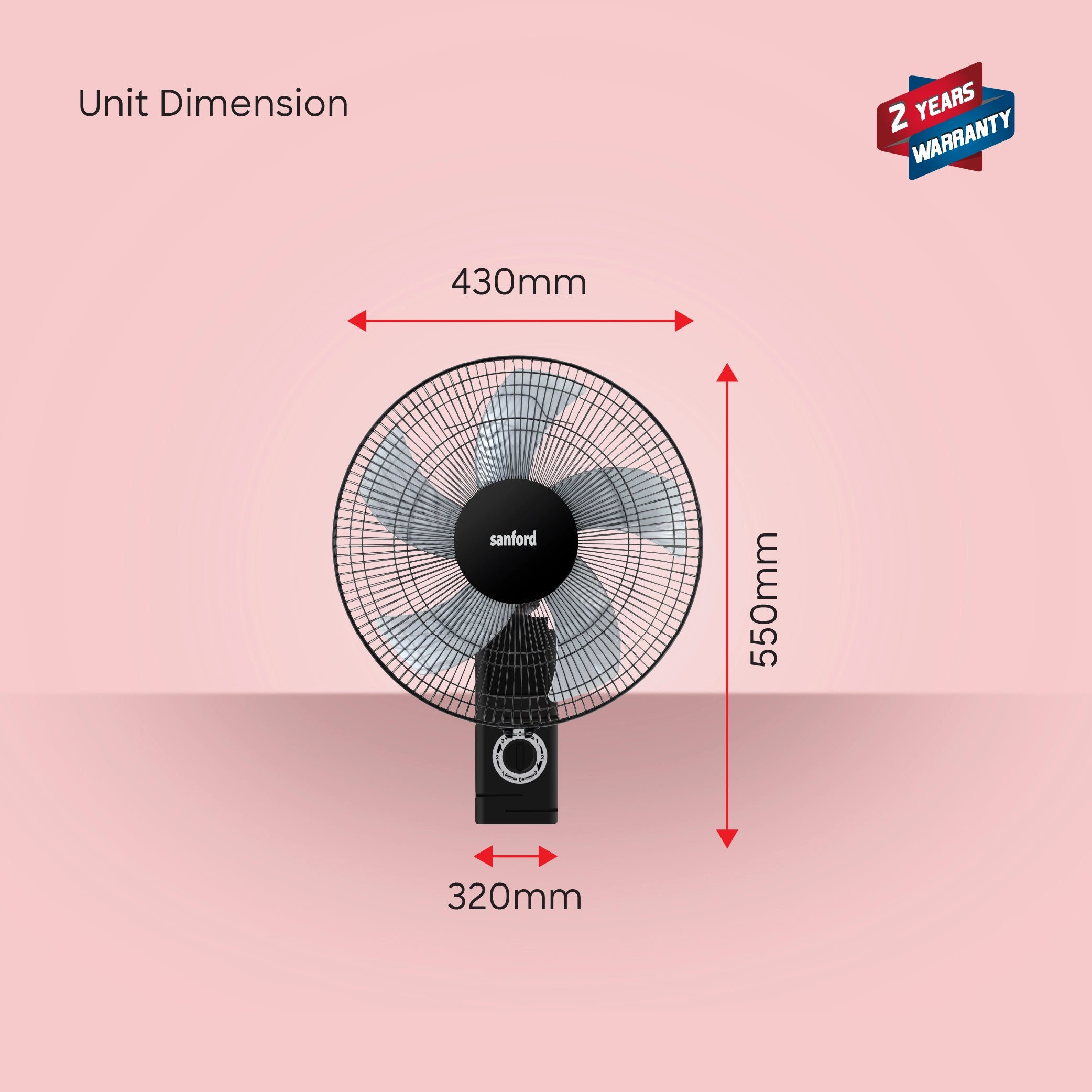 Sanford SF932WFN Wall Fan – unit dimensions, 430mm W x 550mm H x 320mm D