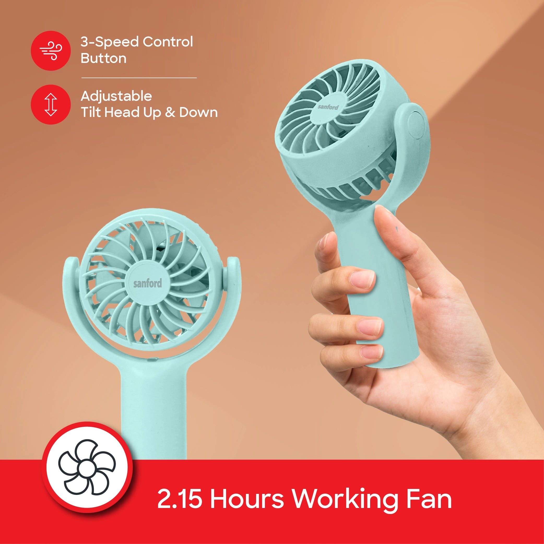 Rechargeable hand fan 5500RPM 3 speed USB charging compact sanford 3
