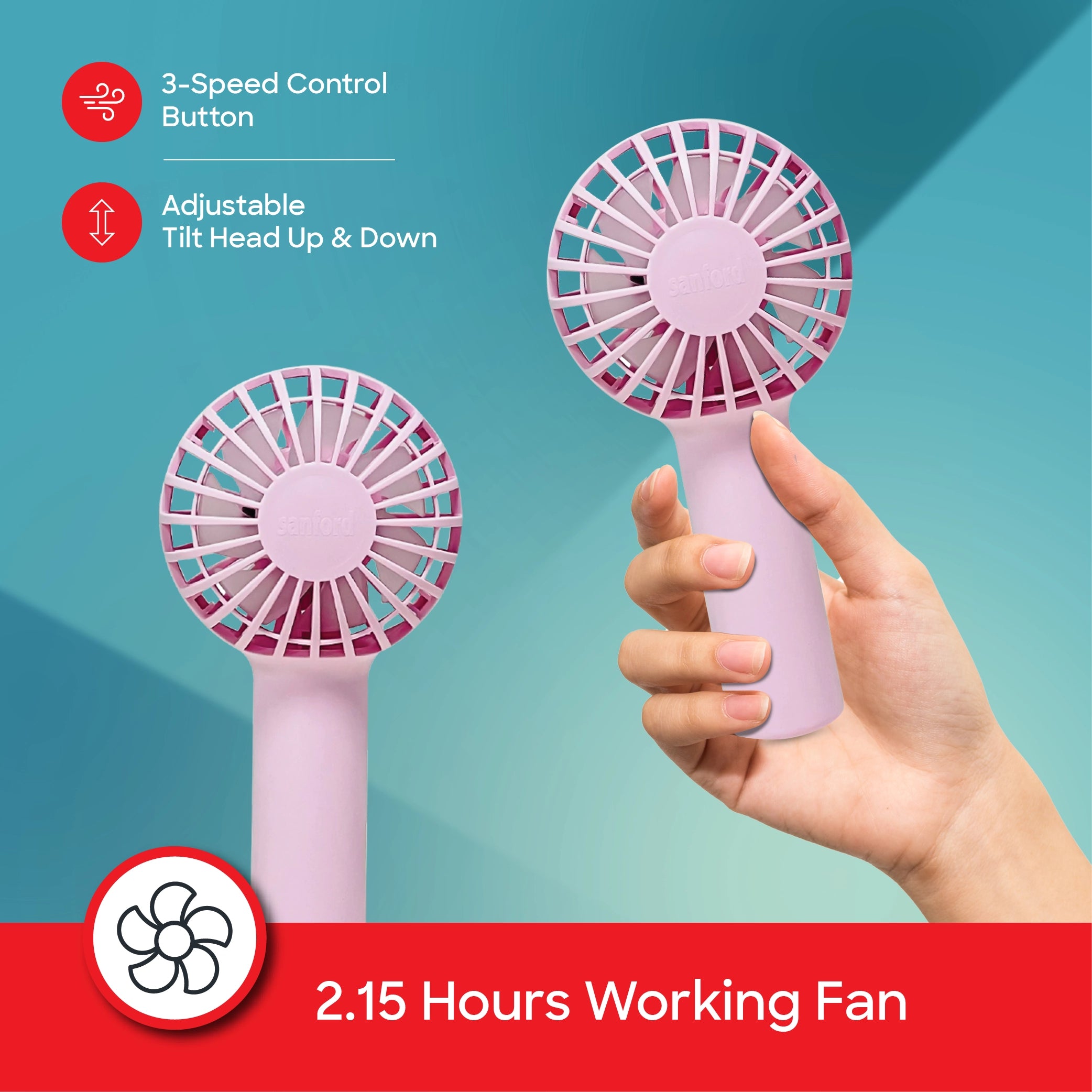 Sanford SF935HFN A Handheld Fan – 3 speed control feature callout