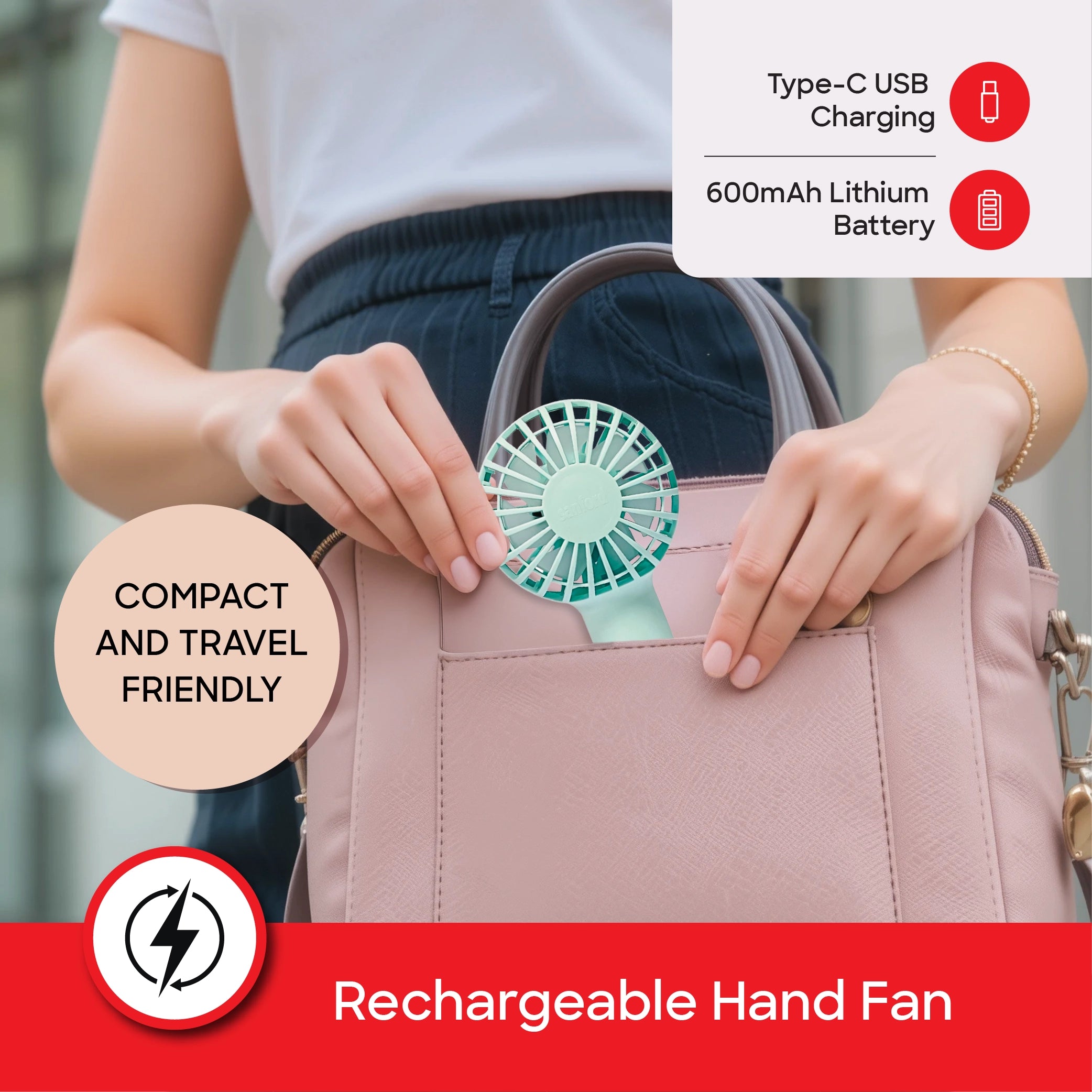 Sanford SF935HFN A Handheld Fan – rechargeable, clip-on convenience