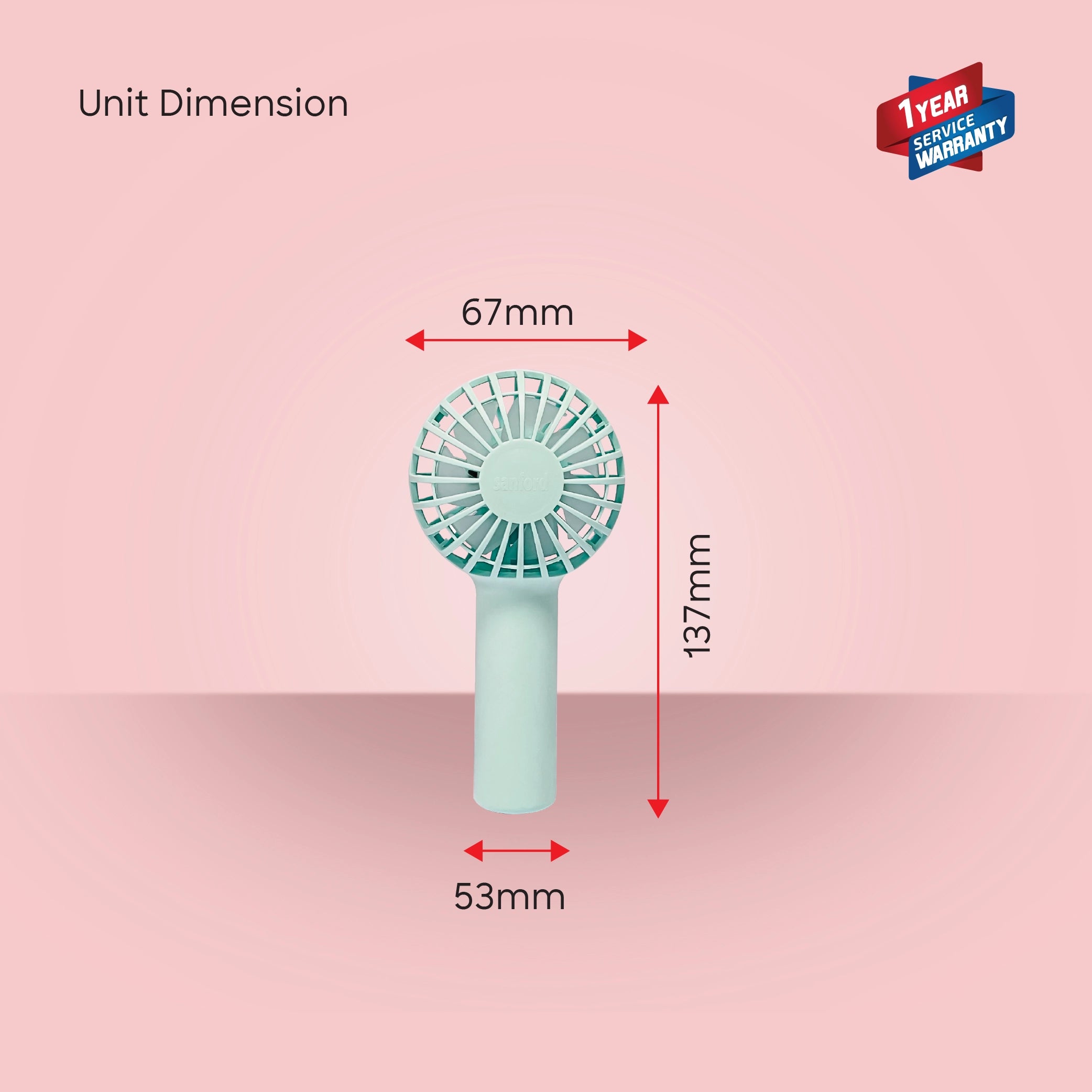 Sanford SF935HFN A Handheld Fan – unit dimensions, 67mm W x 137mm H x 53mm D