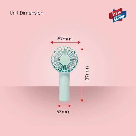 Sanford SF935HFN A Handheld Fan – unit dimensions, 67mm W x 137mm H x 53mm D