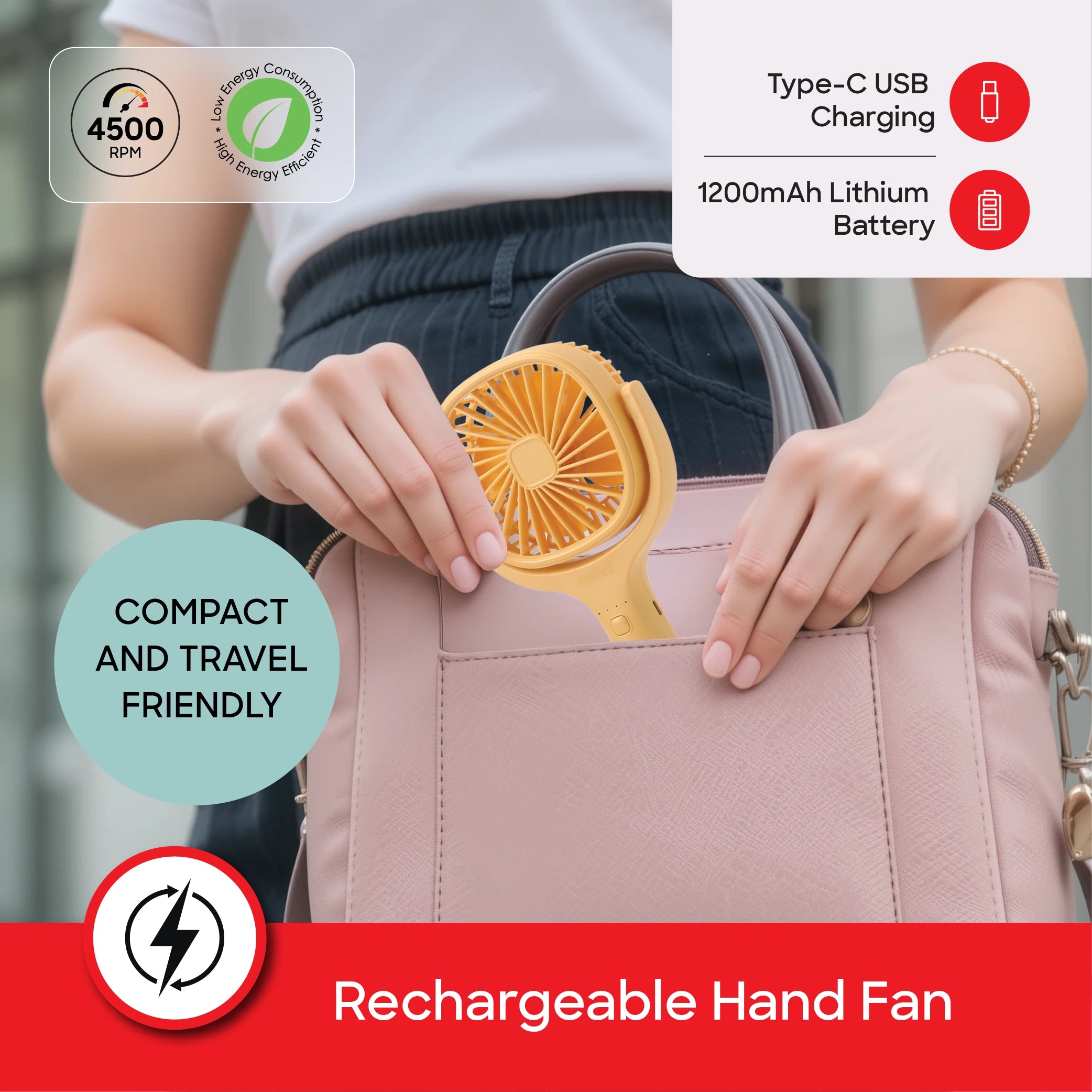 Rechargeable hand fan 4500RPM  3 speed control tilt head USB sanford 4