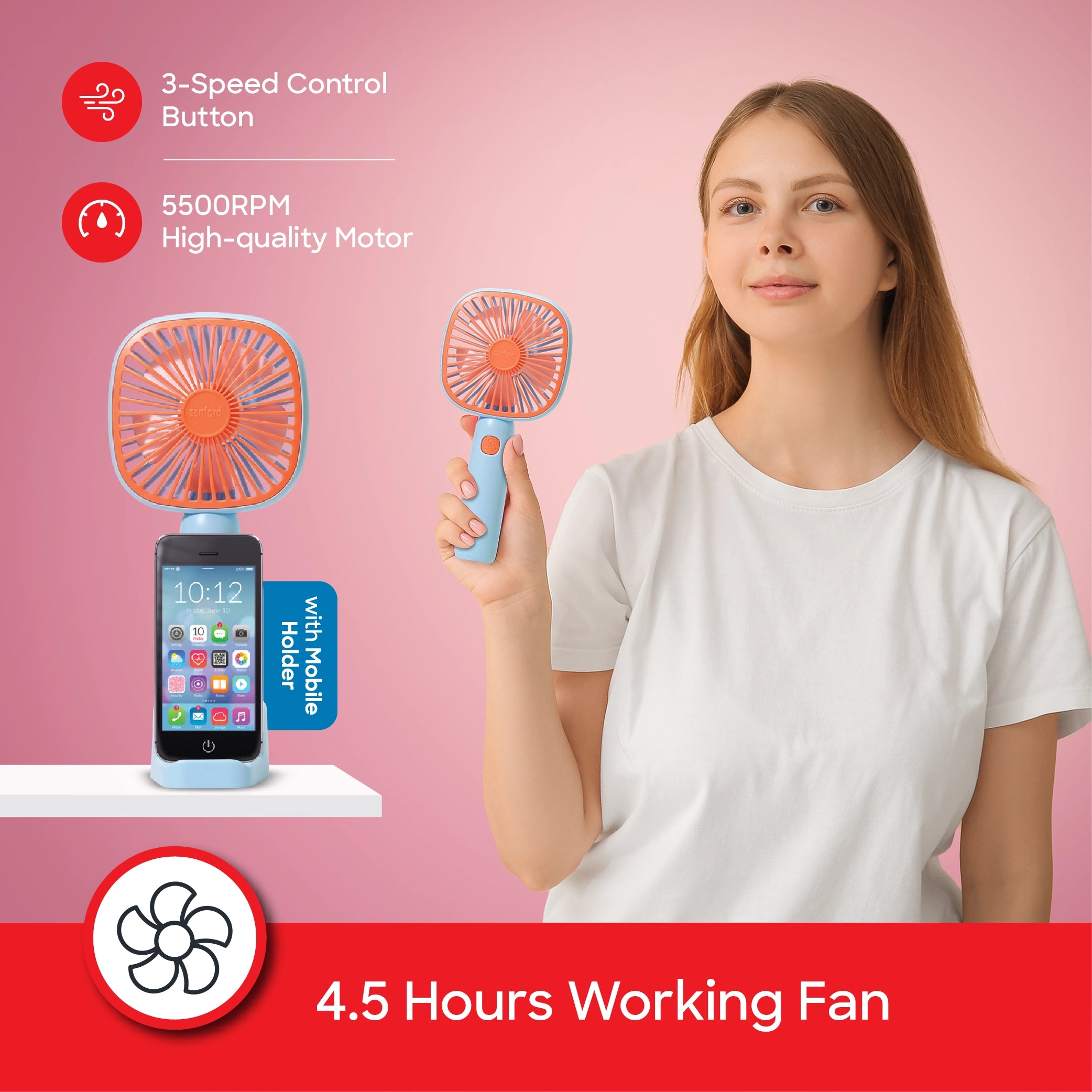 Rechargeable hand fan 5500RPM 3 Speed Mobile Holder USB Charging sanford 3
