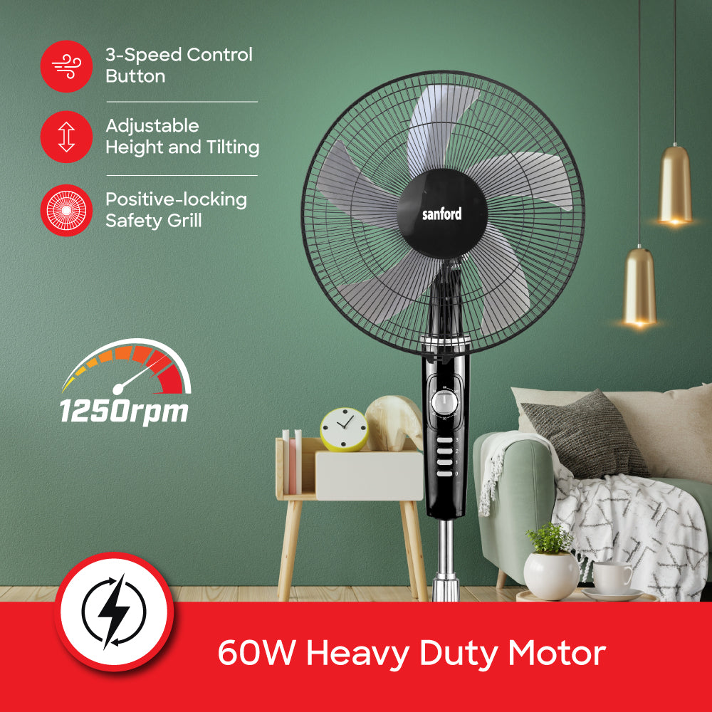 Sanford 16-Inch Stand Fan | 60W Heavy-Duty Motor | 3-Speed | 60-Min Timer | Adjustable Height & Oscillation - buysanford