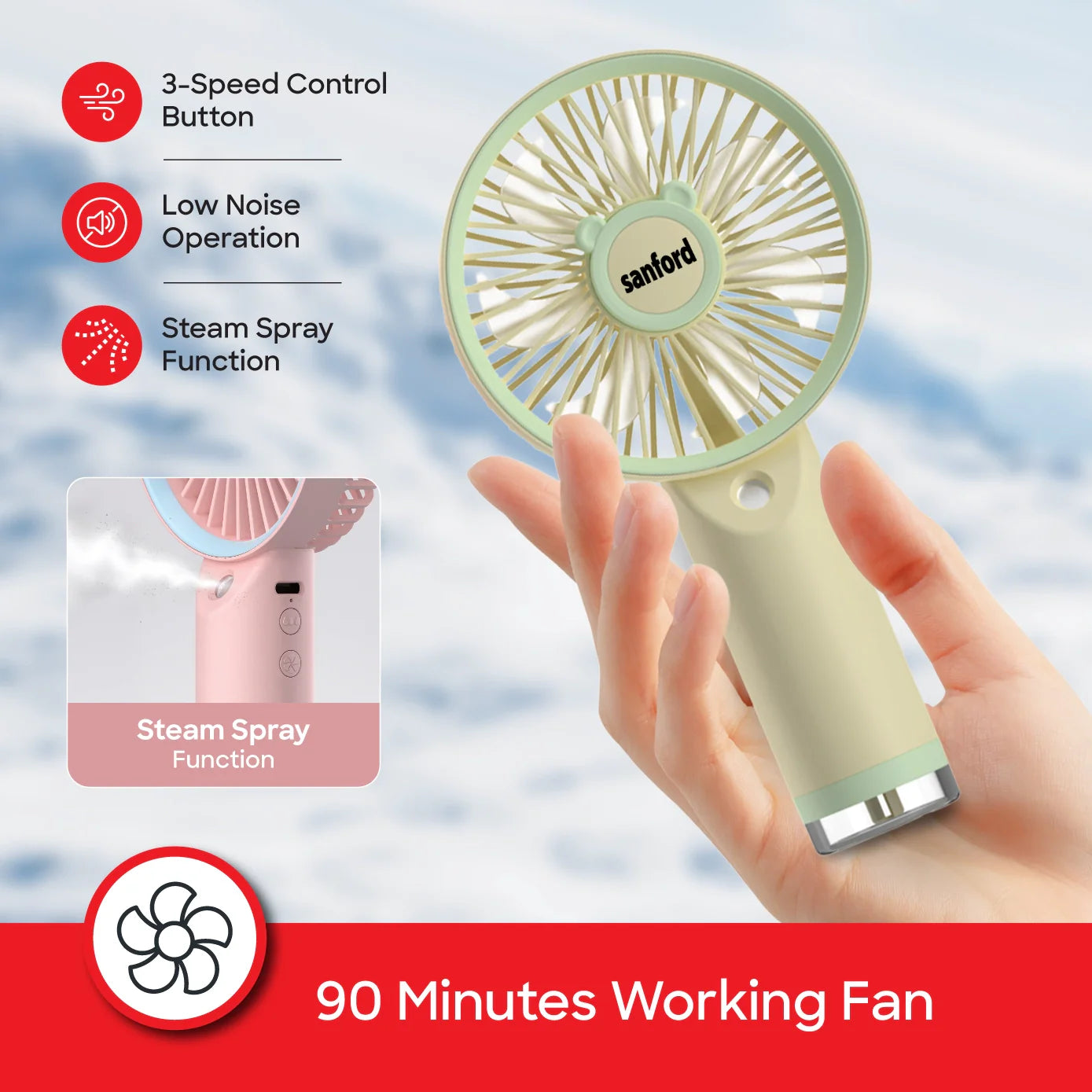 portable rechargeable hand fan USB charging 3 speed sanford 3