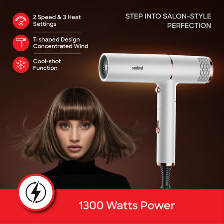 Sanford SF9678HD 2200W Hair Dryer – cool shot and concentrator nozzle feature callout