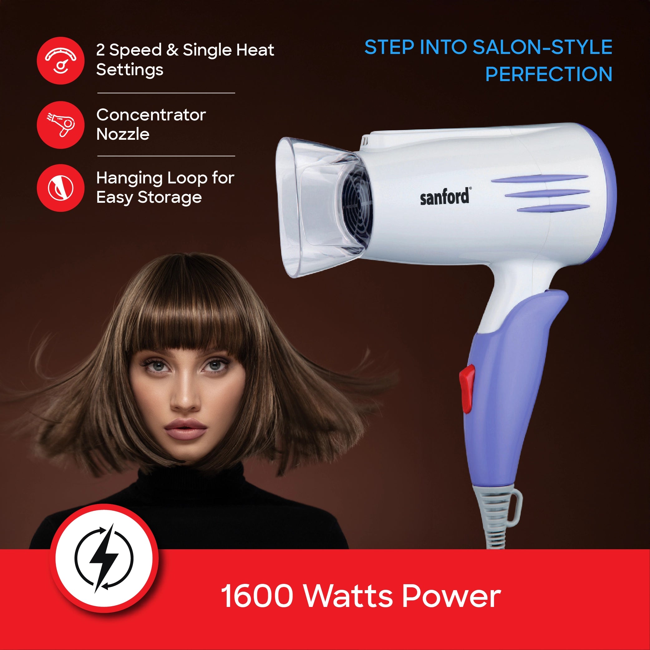 Hair dryer 1600W foldable handle concentrator nozzle and dual speed sanford 3