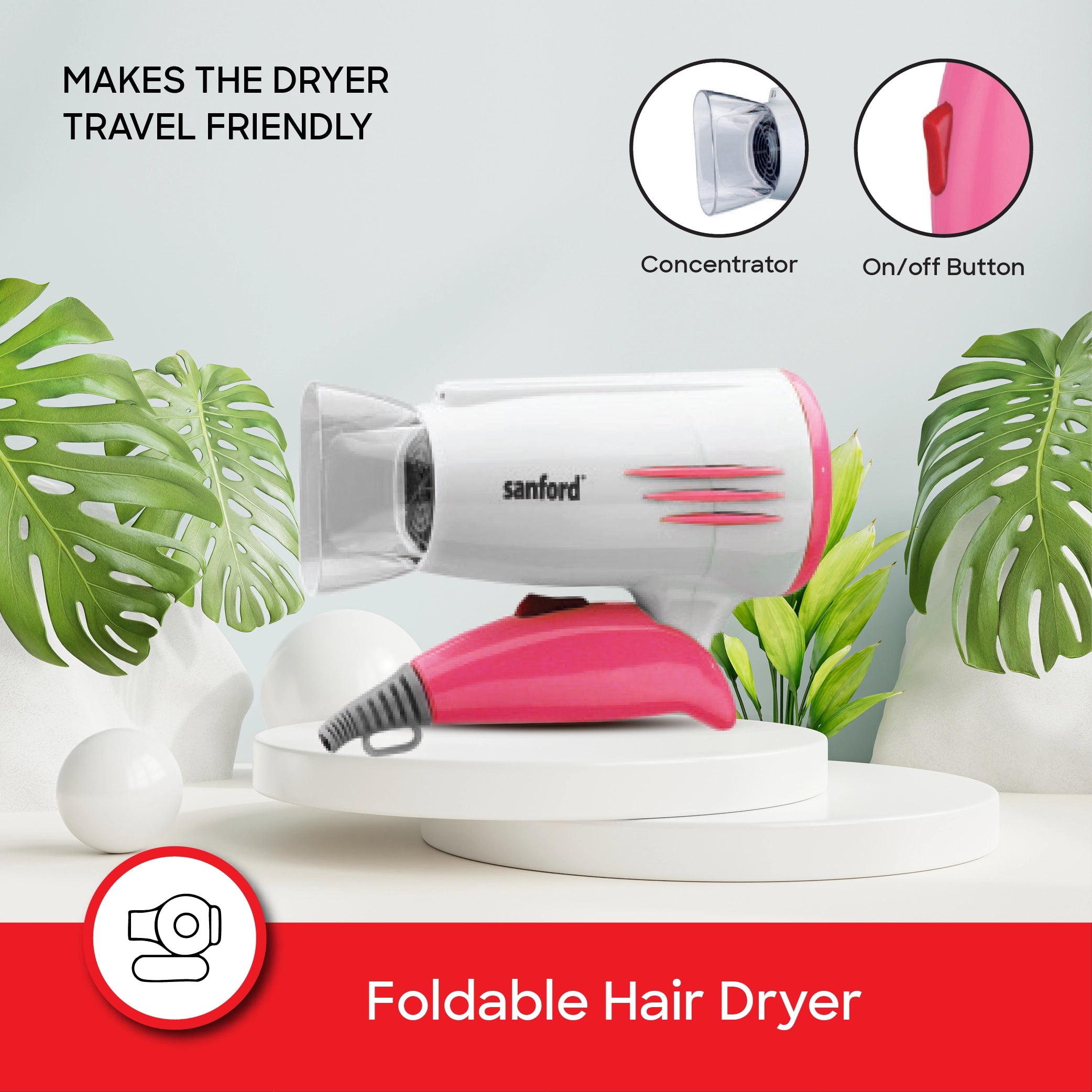 Hair dryer 1600W foldable handle concentrator nozzle and dual speed sanford 4