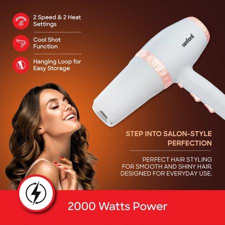 Sanford SF9682HD 2000W Hair Dryer – 2000W power and cool shot feature callout