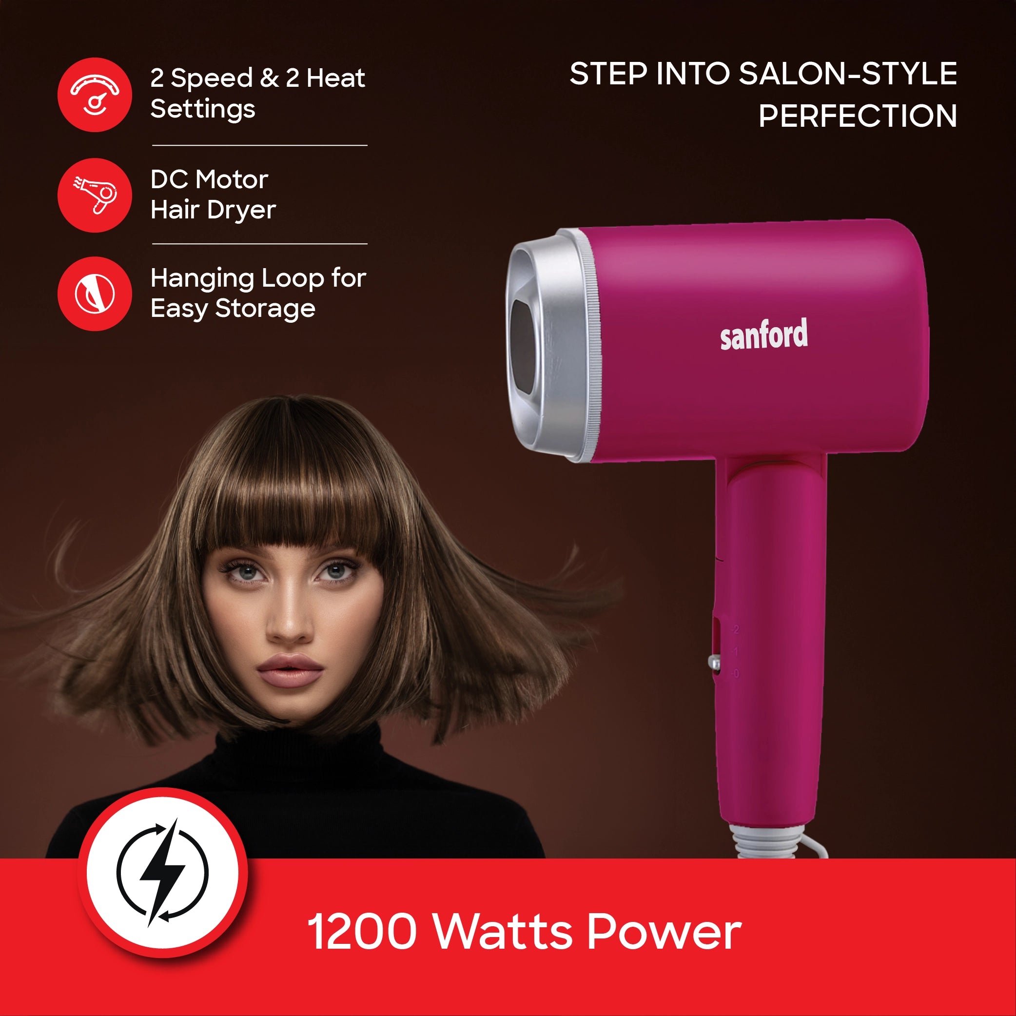 Hair dryer 1200W with foldable handle compact design & dual speed sanford 3