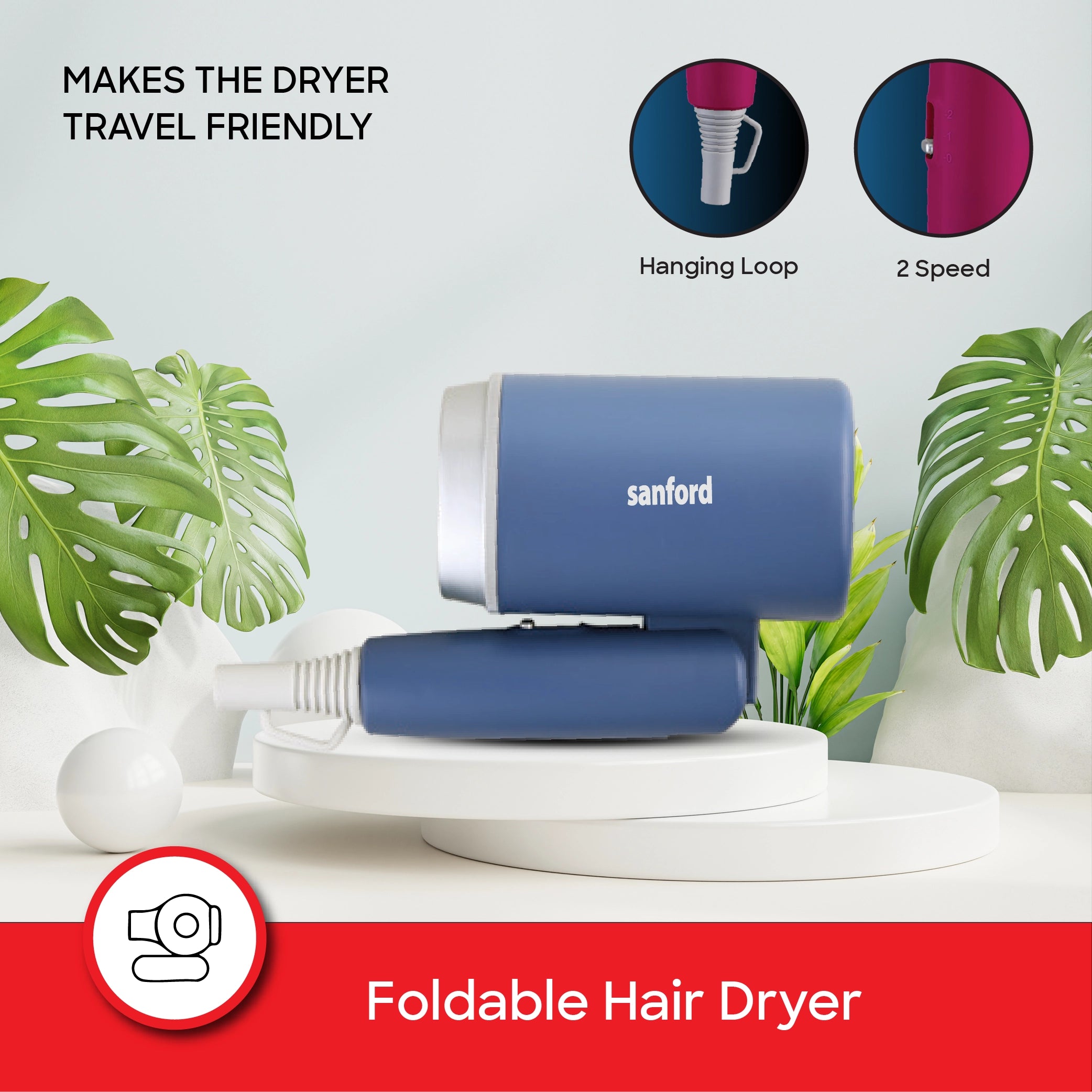Hair dryer 1200W with foldable handle compact design & dual speed sanford 4