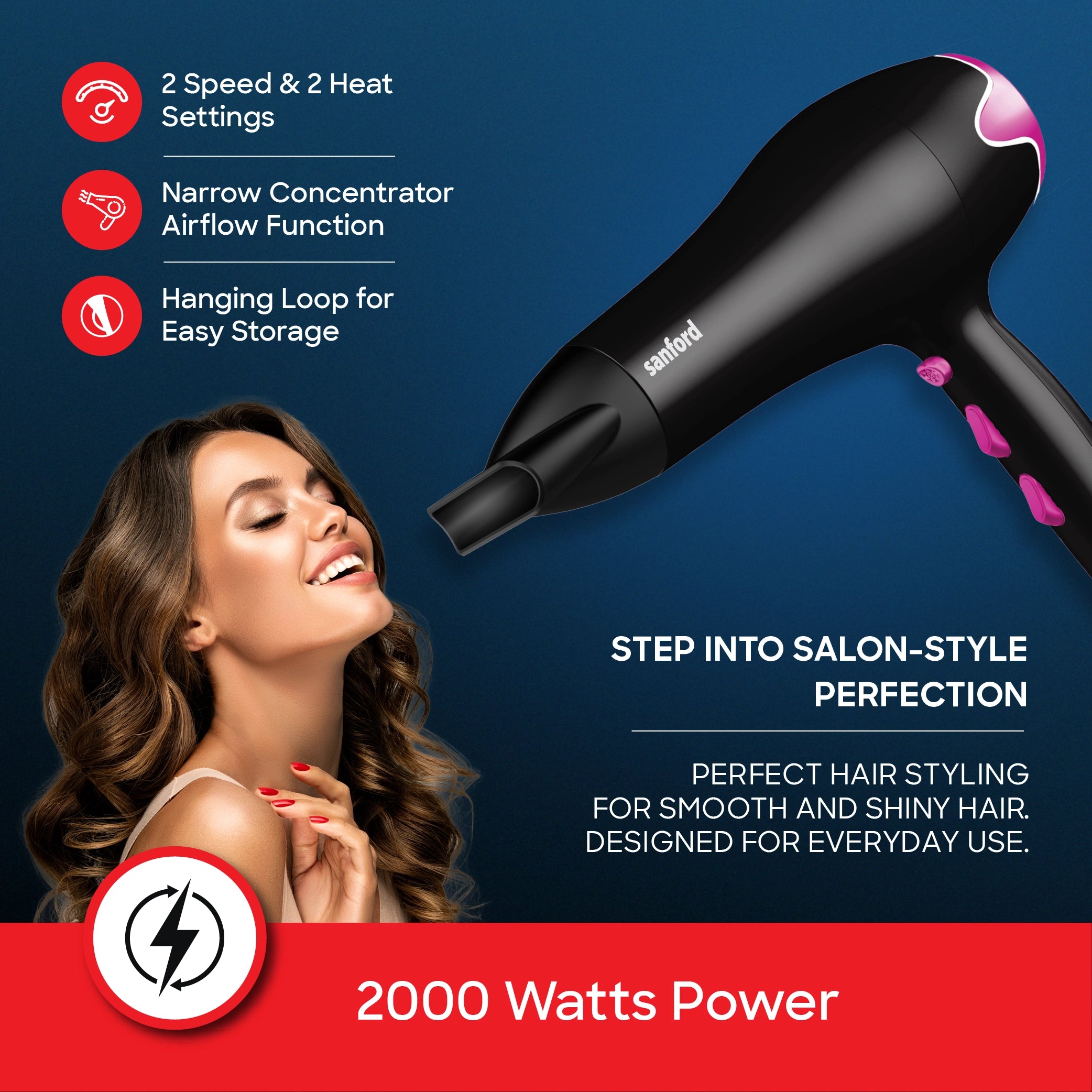 best hair dryer 2000W cool shot function concentrator nozzle & dual speed sanford 3