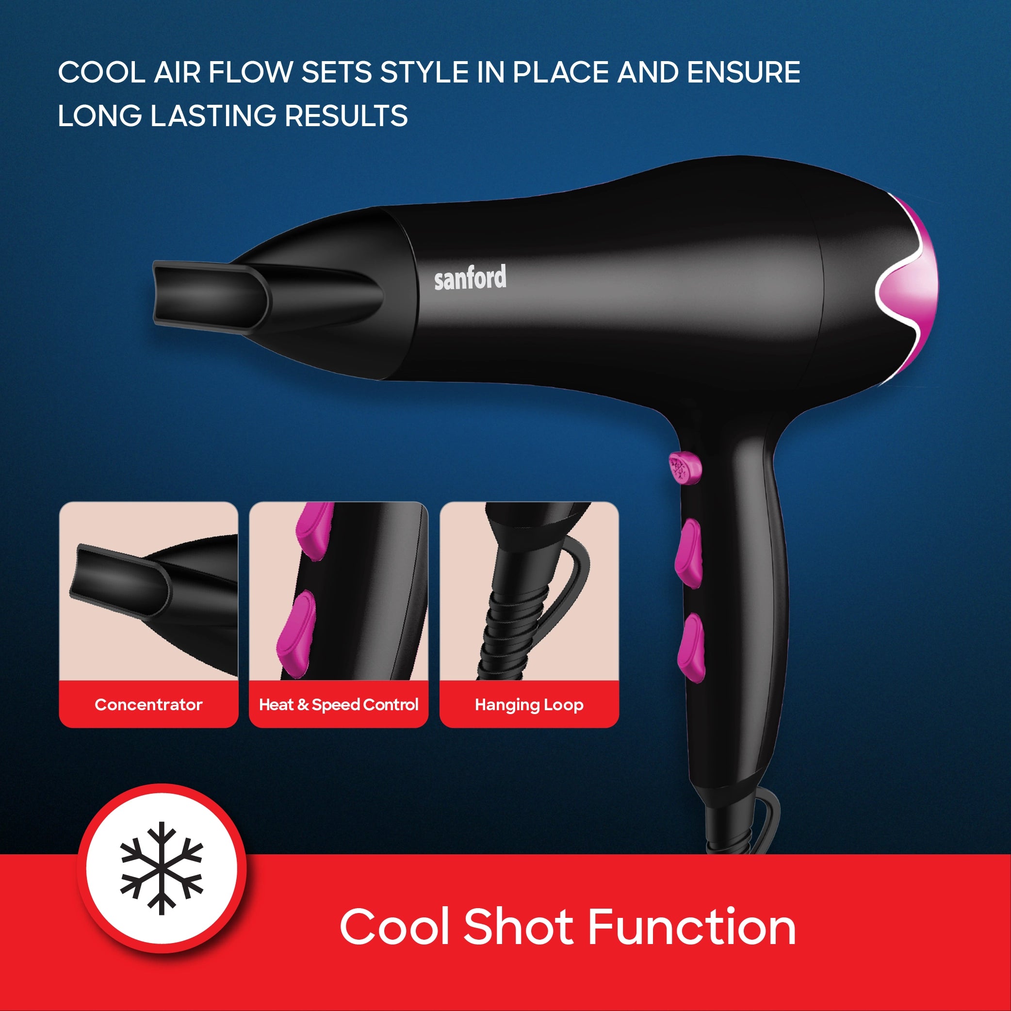 best hair dryer 2000W cool shot function concentrator nozzle & dual speed sanford 4