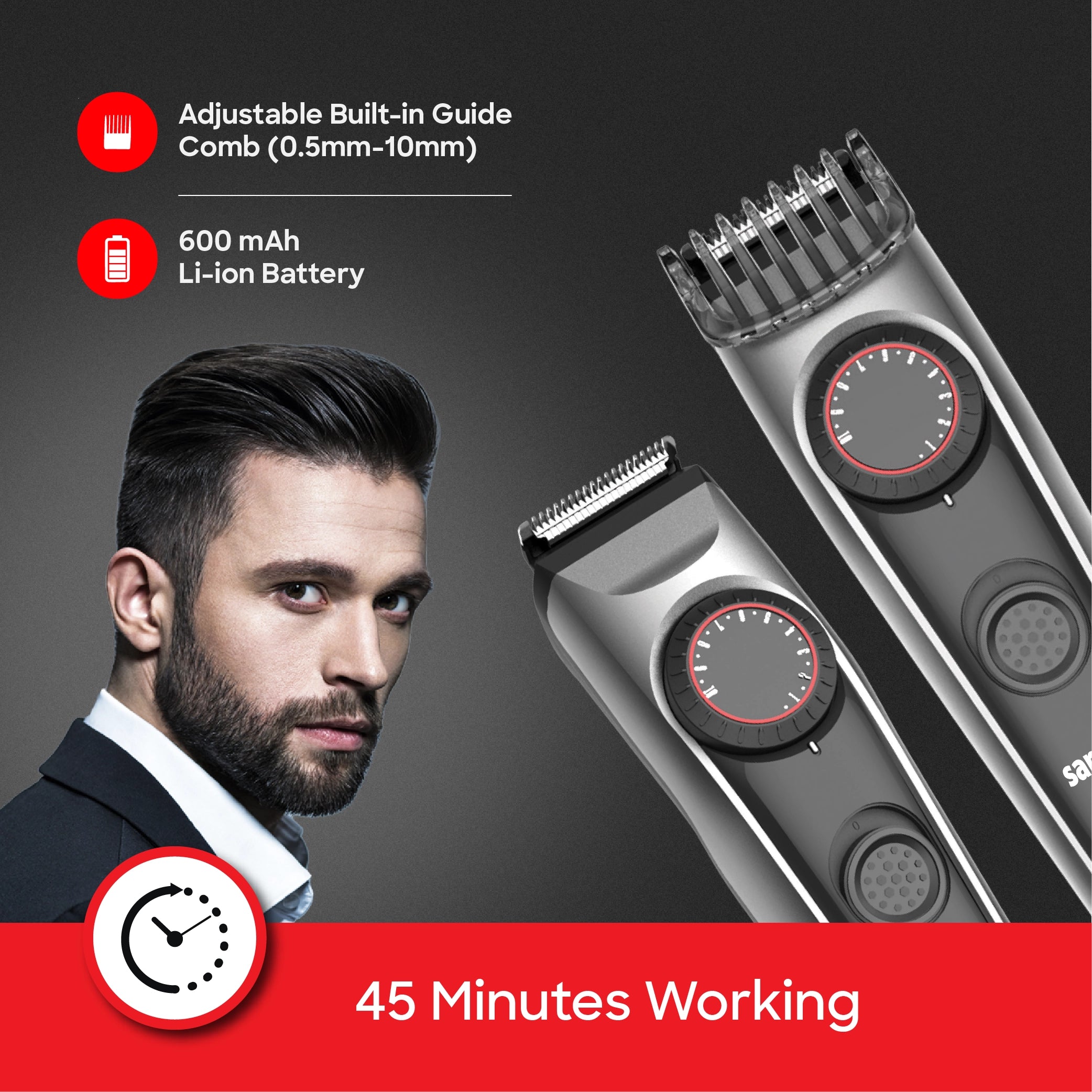 rechargeable hair and beard trimmer 45 min type C charging sanford 3