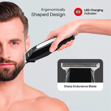 Sanford SF9741HC Stainless Steel Hair Trimmer – ergonomic design and LED charging indicator feature callout