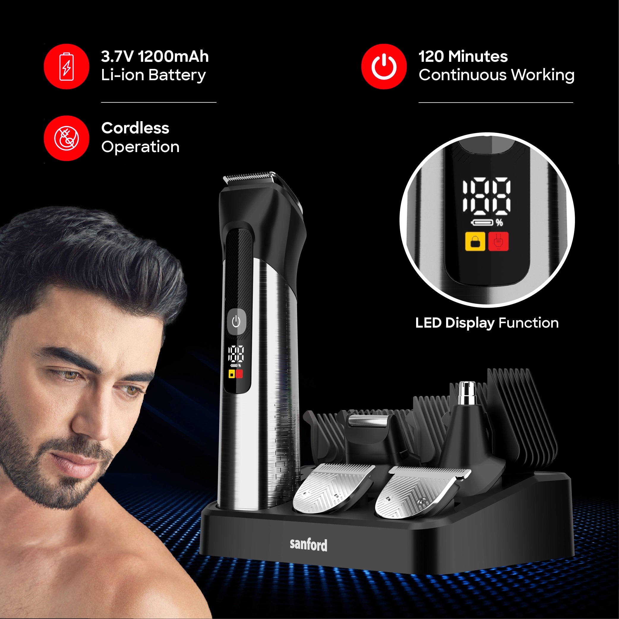 12 in 1 grooming kit with waterproof LED display and 120 min sanford 3