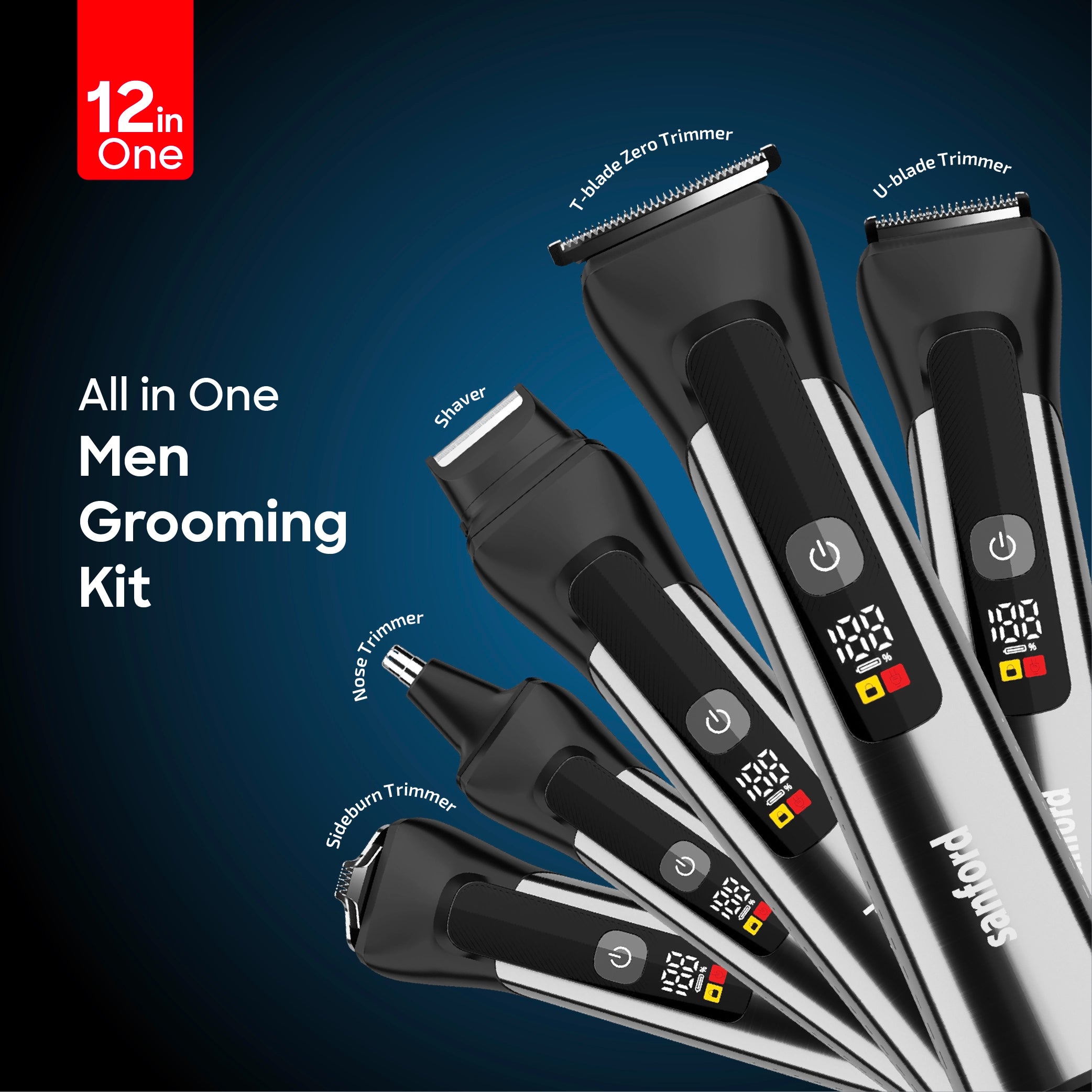 12 in 1 grooming kit with waterproof LED display and 120 min sanford 7