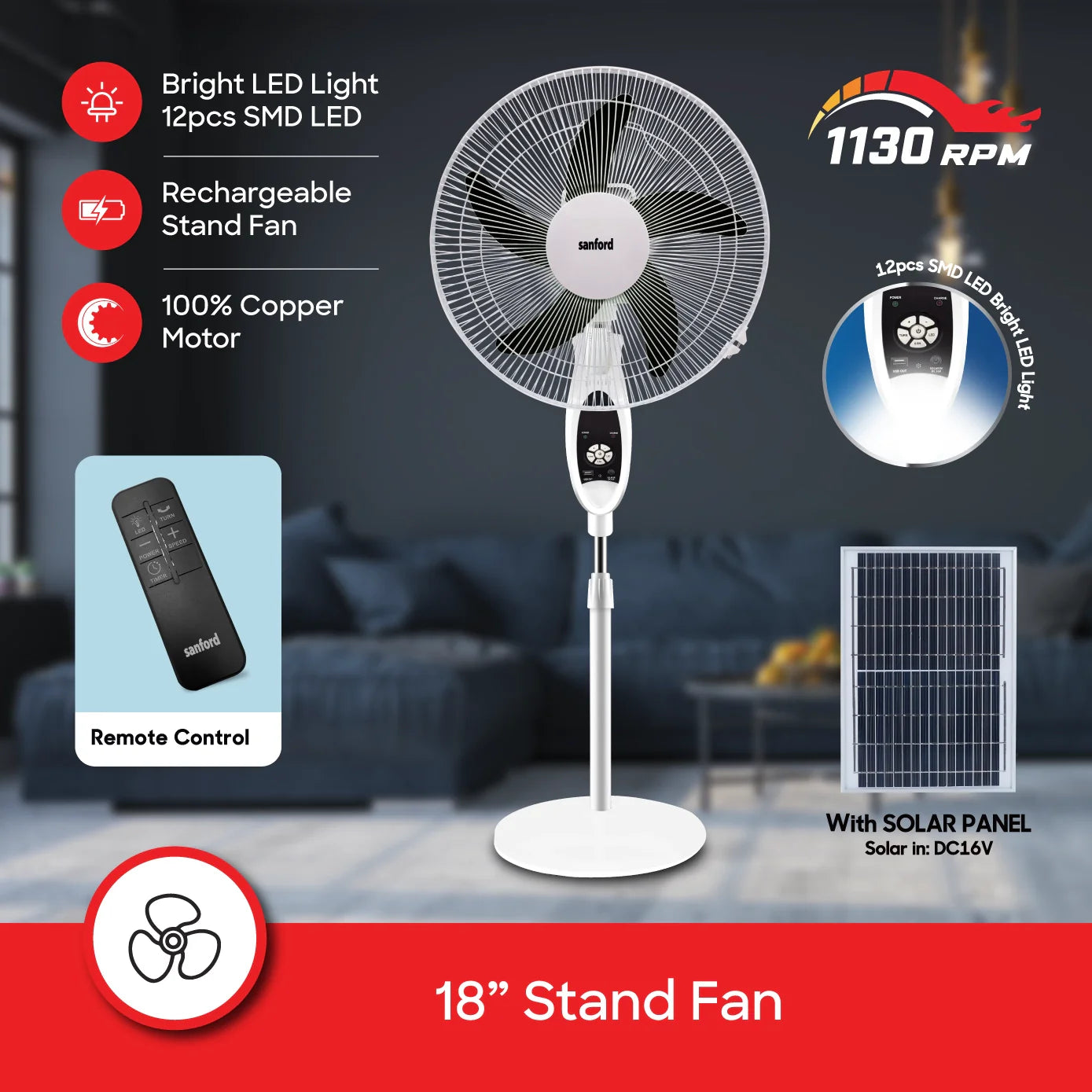 18 inch rechargeable stand fan 9 speeds LED light  AC DC operation 60W copper motor sanford 3