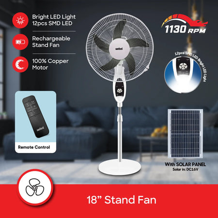 18 inch rechargeable stand fan 9 speeds LED light  AC DC operation 60W copper motor sanford 3