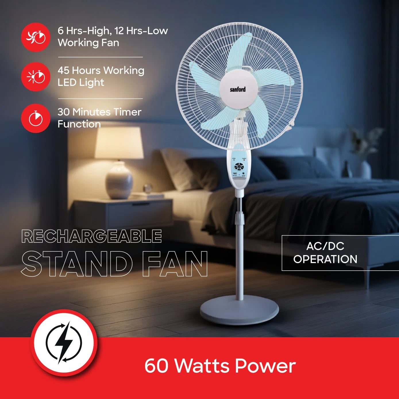 18 inch rechargeable stand fan 9 speeds LED light  AC DC operation 60W copper motor sanford 4