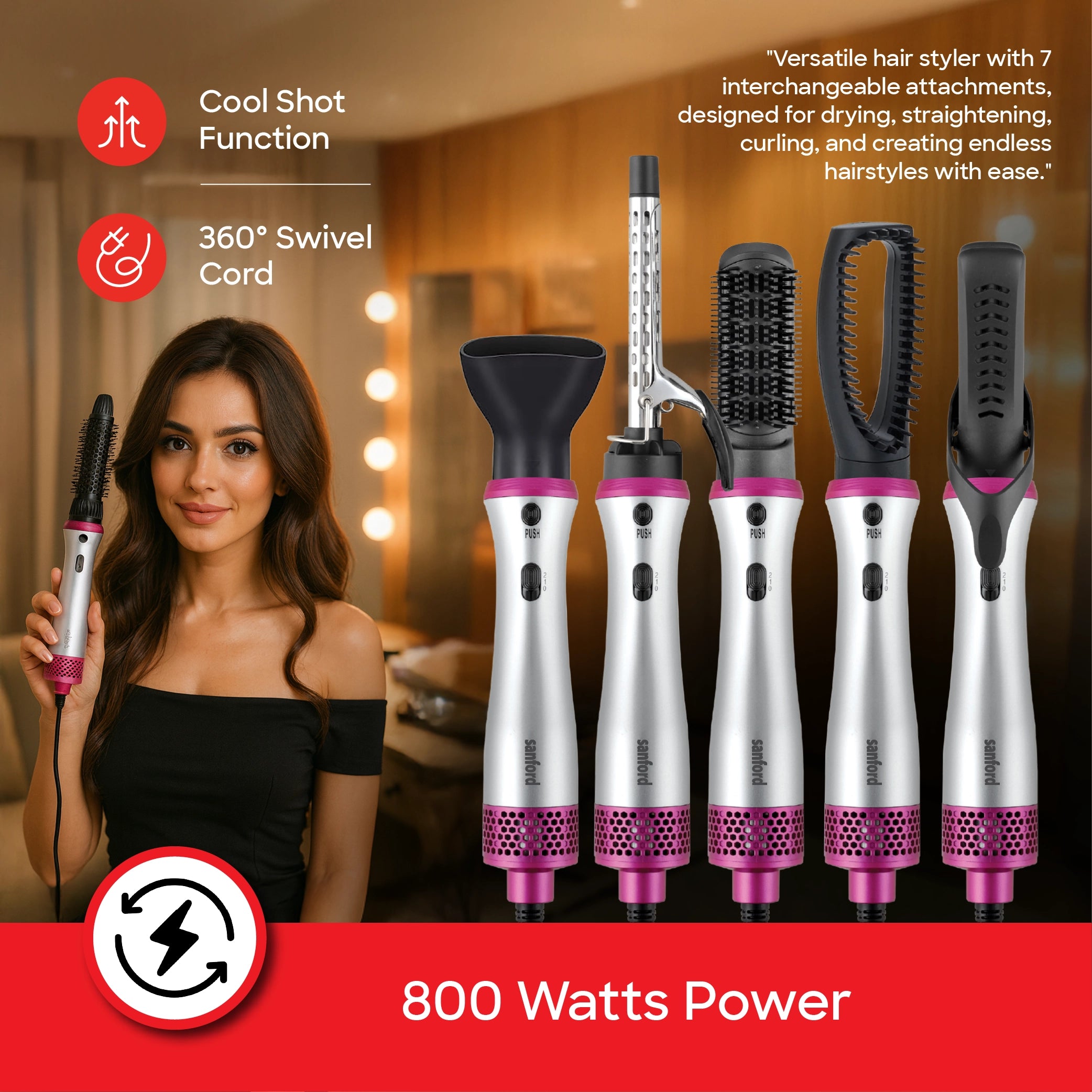9 in 1 hair styler 800W power cool shot function and 360 degree swivel cord sanford 3