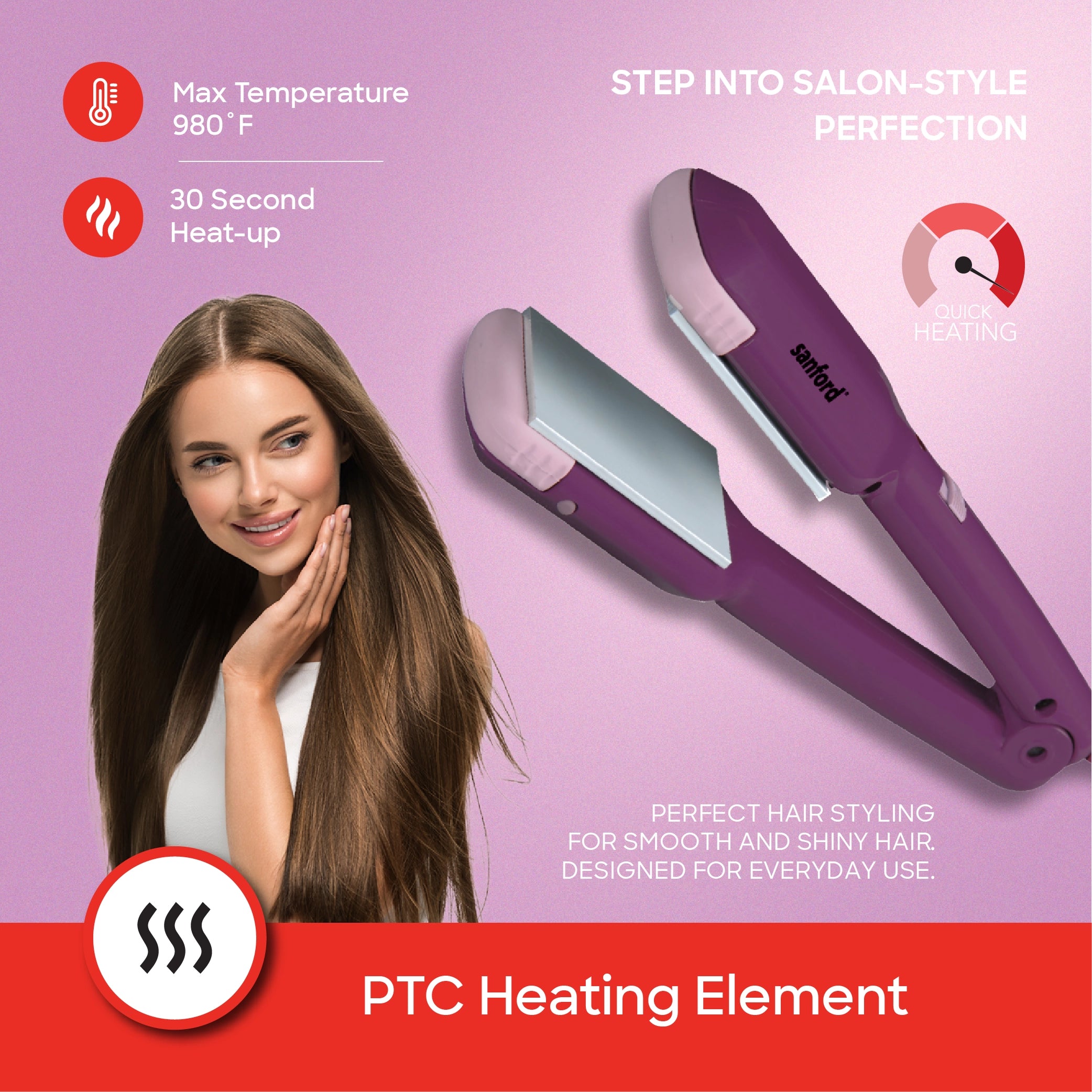 Ergonomic ceramic hair straightener quick heat design sanford 3