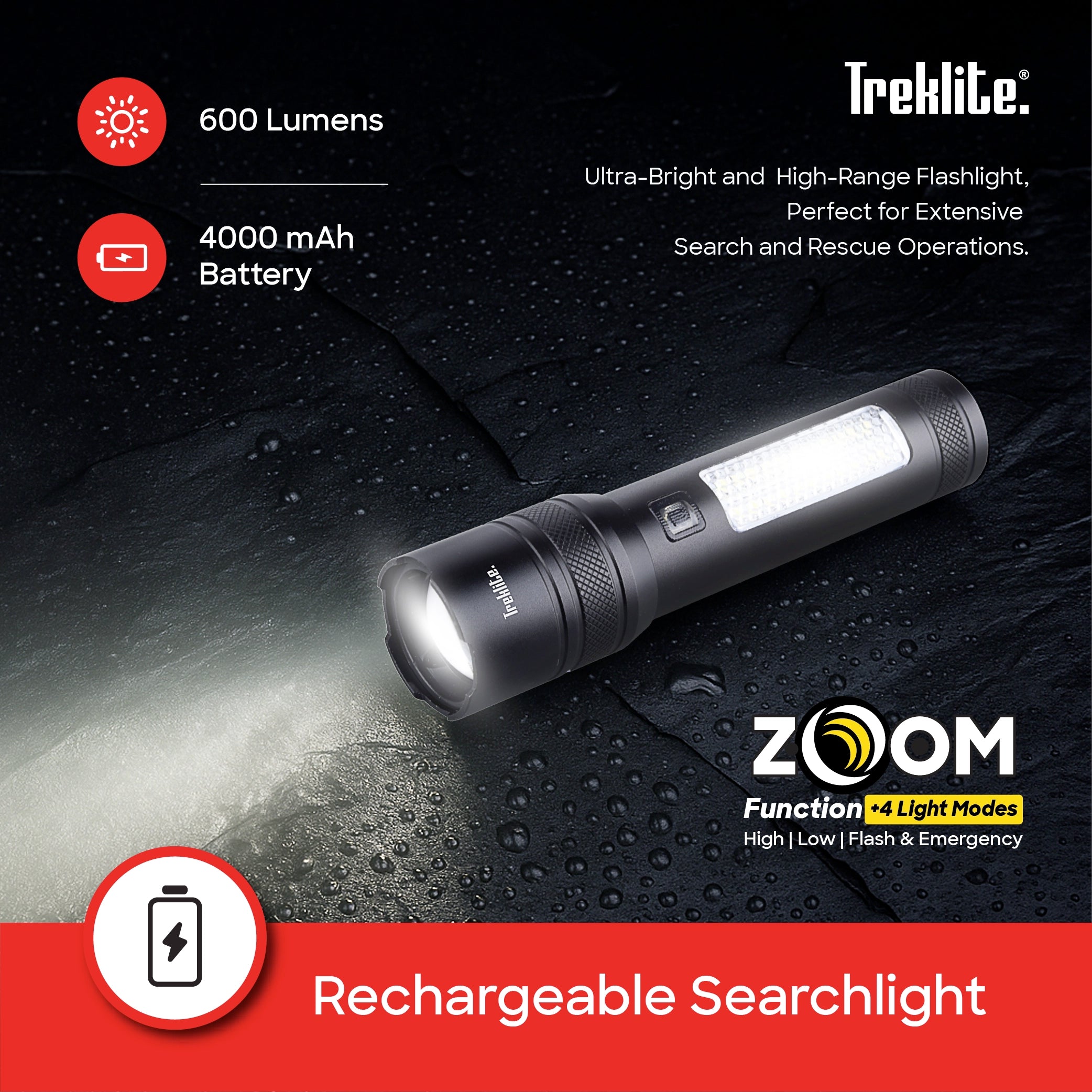 rechargeable flashlight torch Treklite Emergency Light  2000m range 15W LED  600 lumens sanford 3
