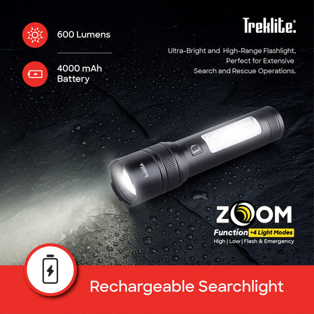 rechargeable flashlight torch Treklite Emergency Light  2000m range 15W LED  600 lumens sanford 3