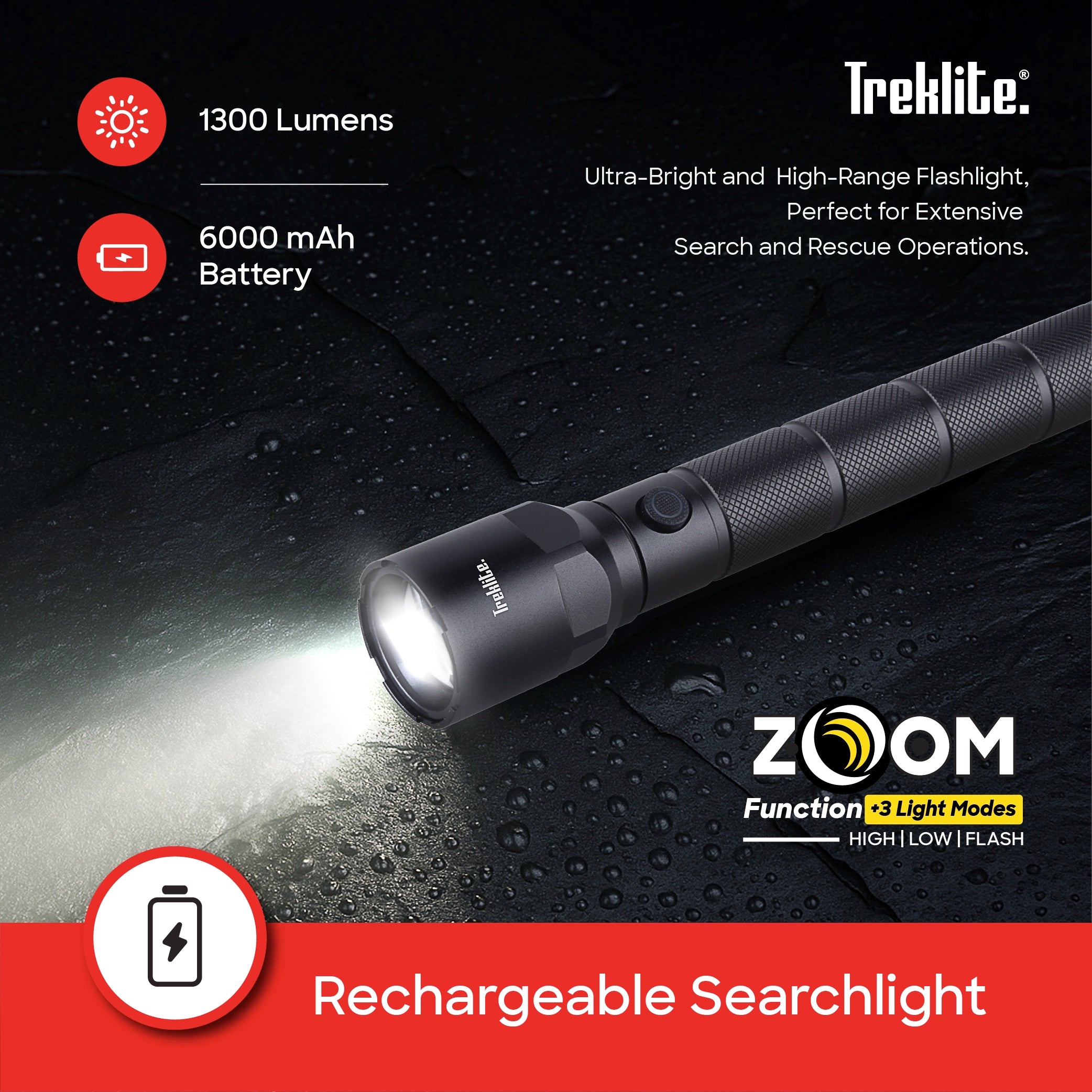rechargeable flashlight torch Treklite 2200m range 1300 lumens sanford 3