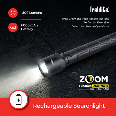 rechargeable flashlight torch Treklite 2200m range 1300 lumens sanford 3
