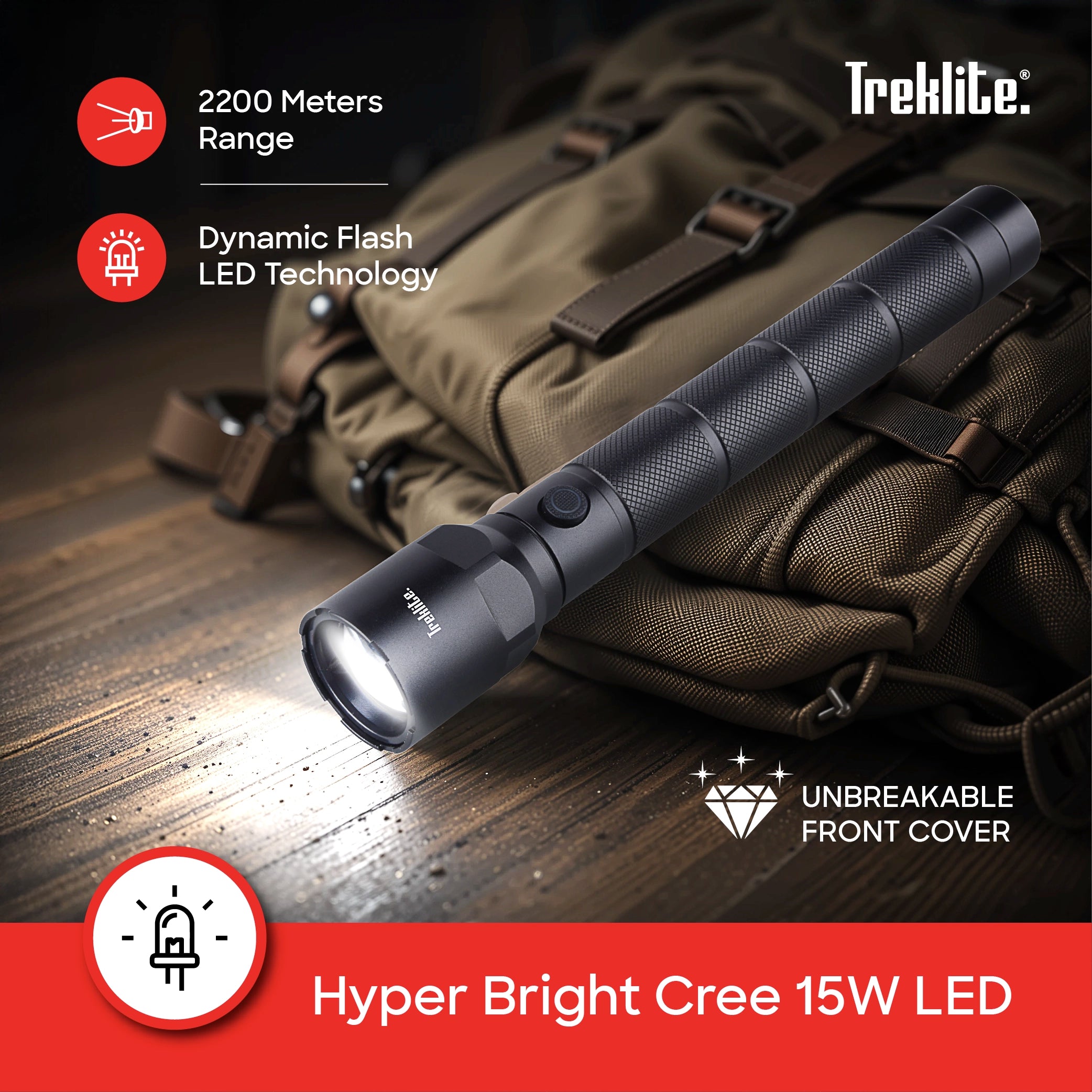 rechargeable flashlight torch Treklite 2200m range 1300 lumens sanford 4