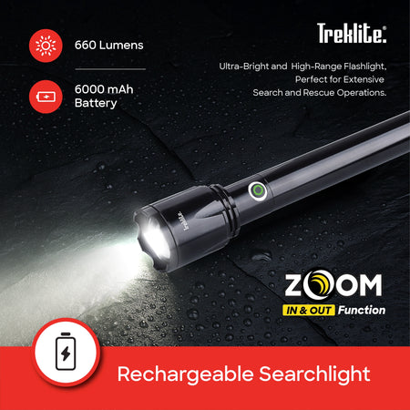 rechargeable flashlight torch Treklite 2500m range 20W LED 660 lumens sanford 3